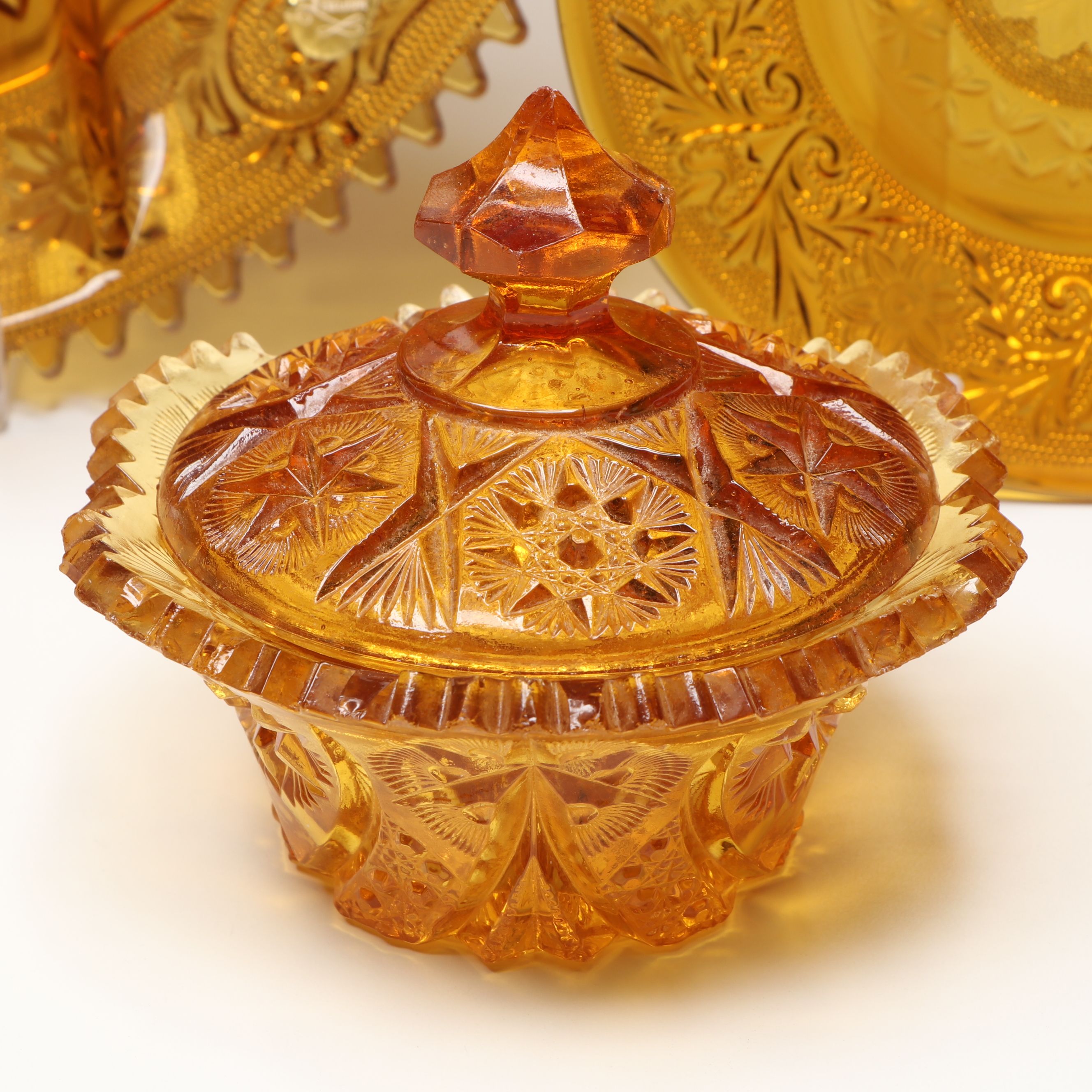 Tiara and Indiana Glass "Sandwich Amber" and More Pressed Glass Tableware