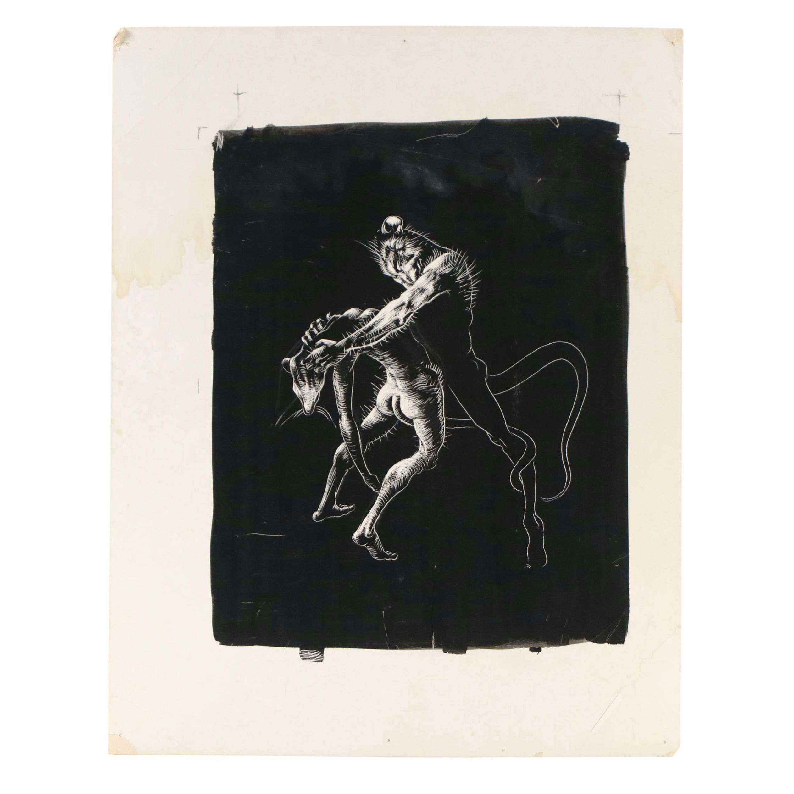 Harvey Shepard Sgraffito Drawing of Humanoid Rats in Combat, Early to Mid-20th C