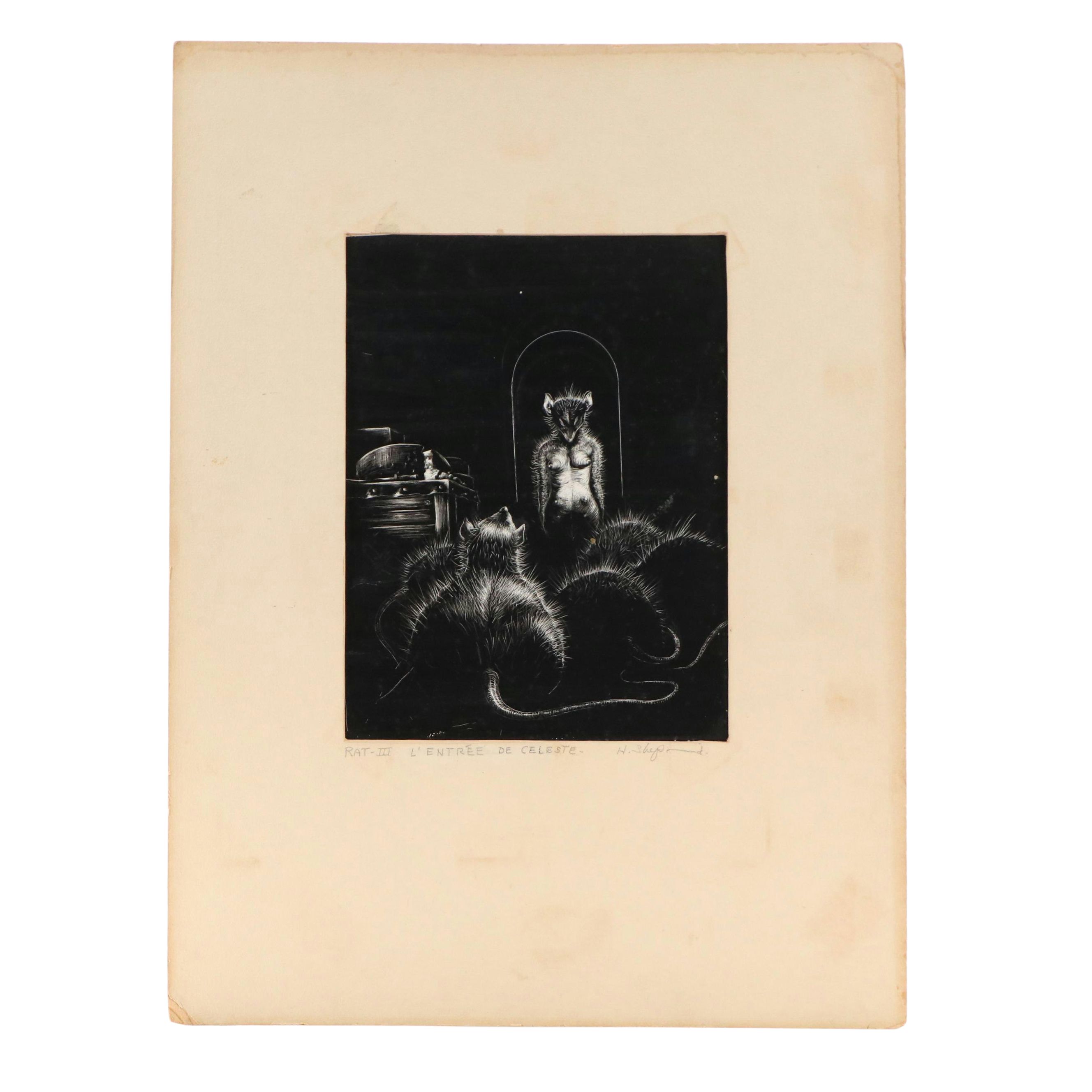 Harvey Shepard Sgraffito Drawing "Rat III - L'Entrée de Celeste," 20th Century