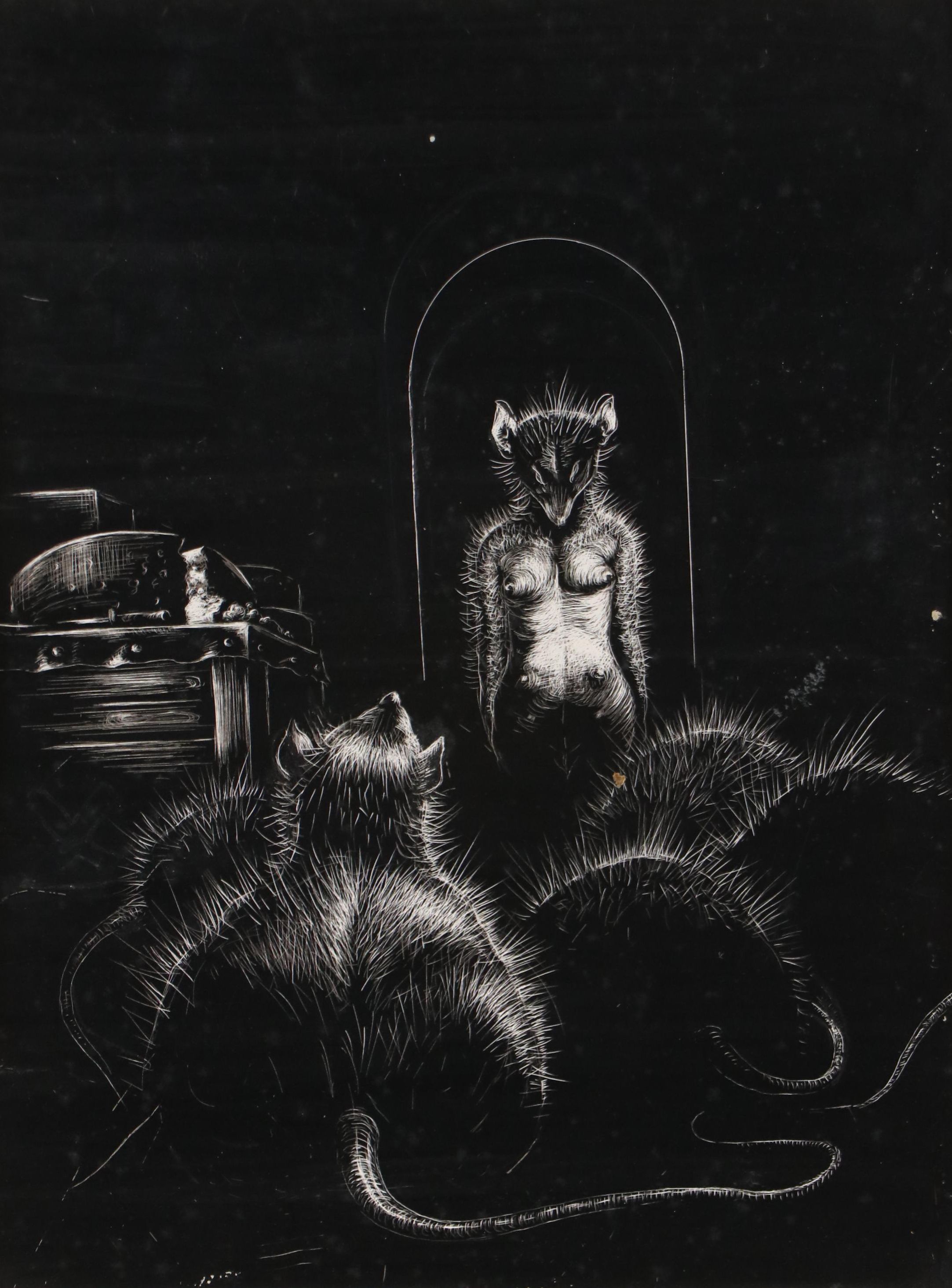 Harvey Shepard Sgraffito Drawing "Rat III - L'Entrée de Celeste," 20th Century