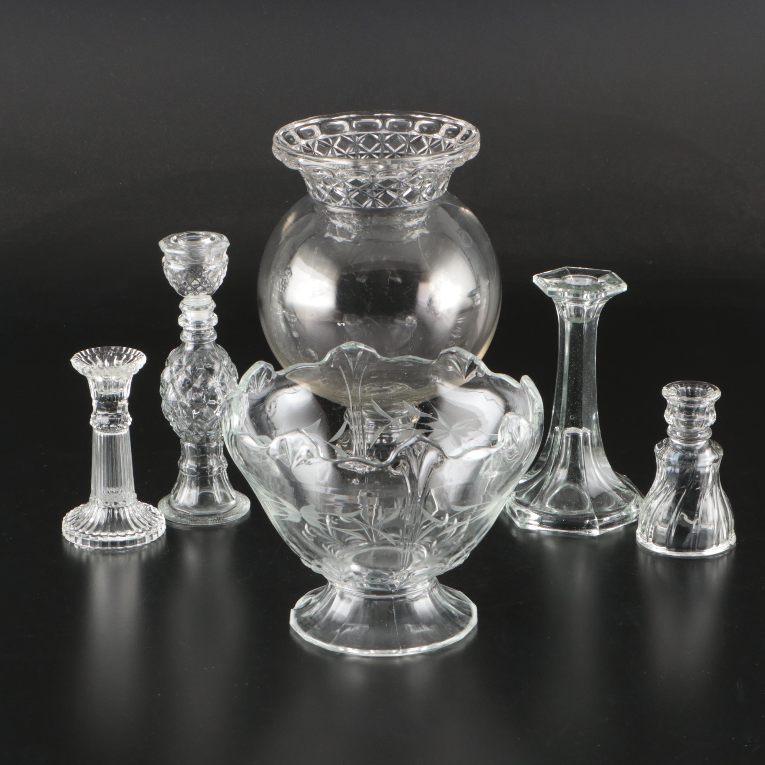 Tiffin "Dakota" Globe Jar with Serving Bowl and Pressed Glass Candle Holders