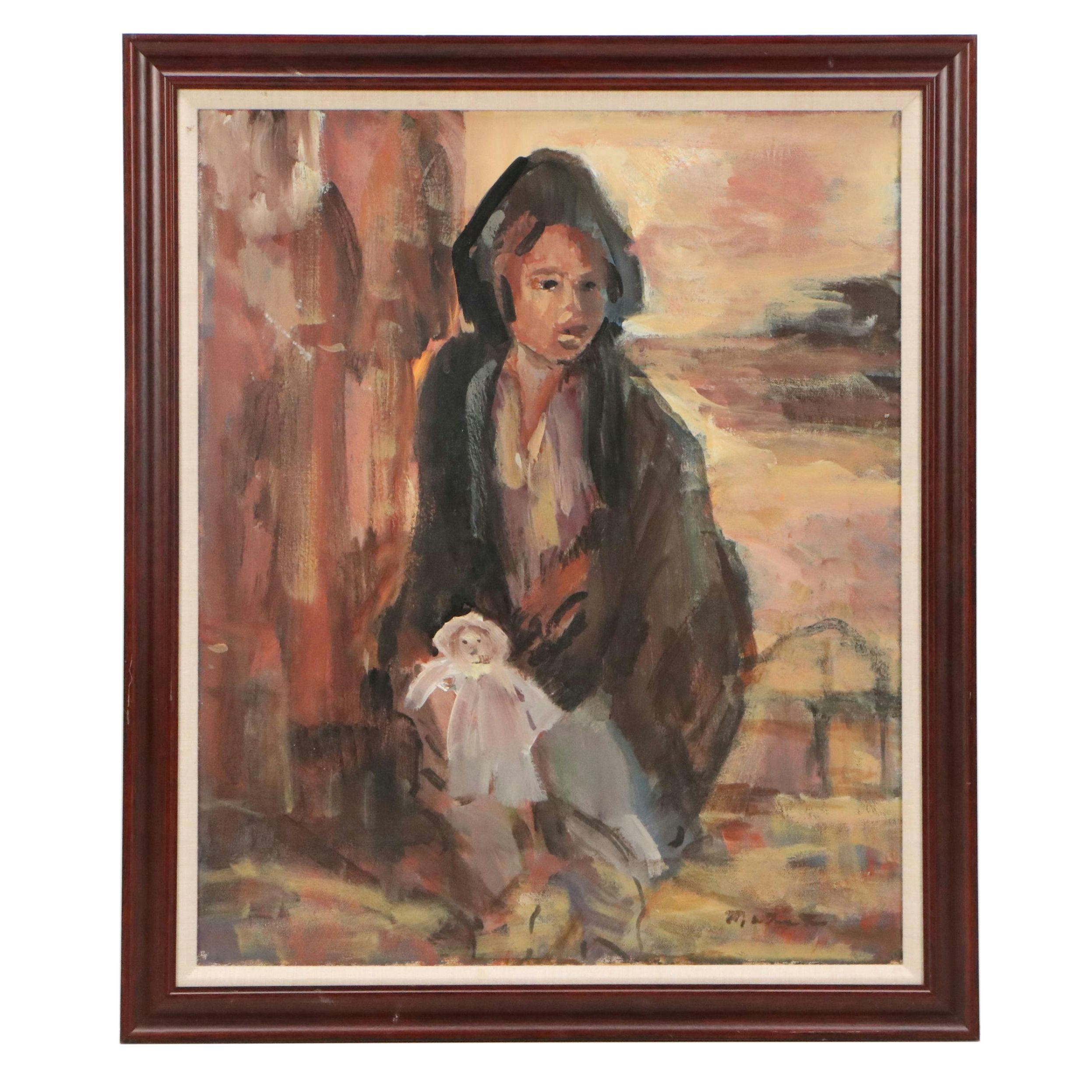 Portrait Oil Painting of Child Holding Doll, Mid to Late 20th Century