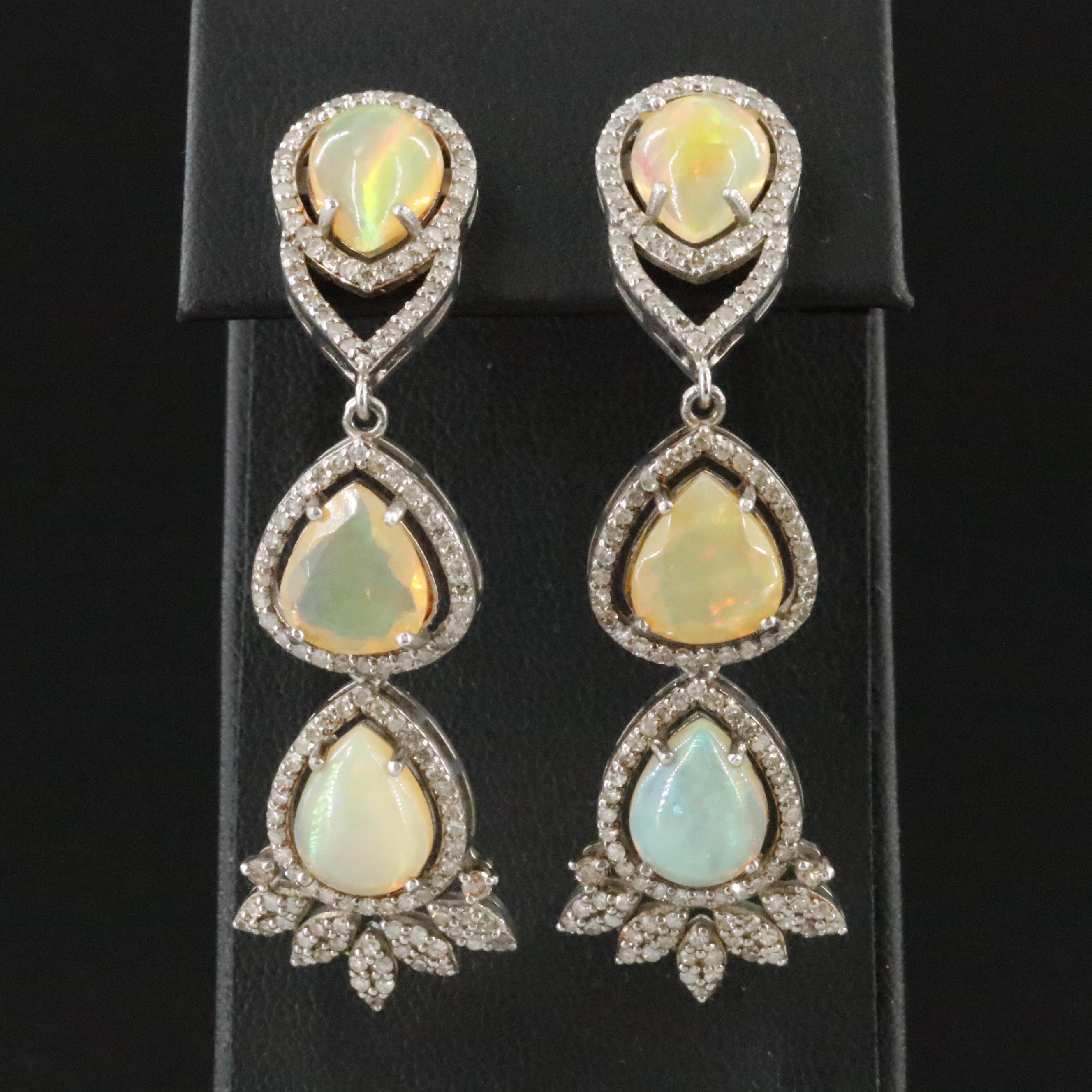 Sterling Opal and Diamond Tiered Pendant Earrings