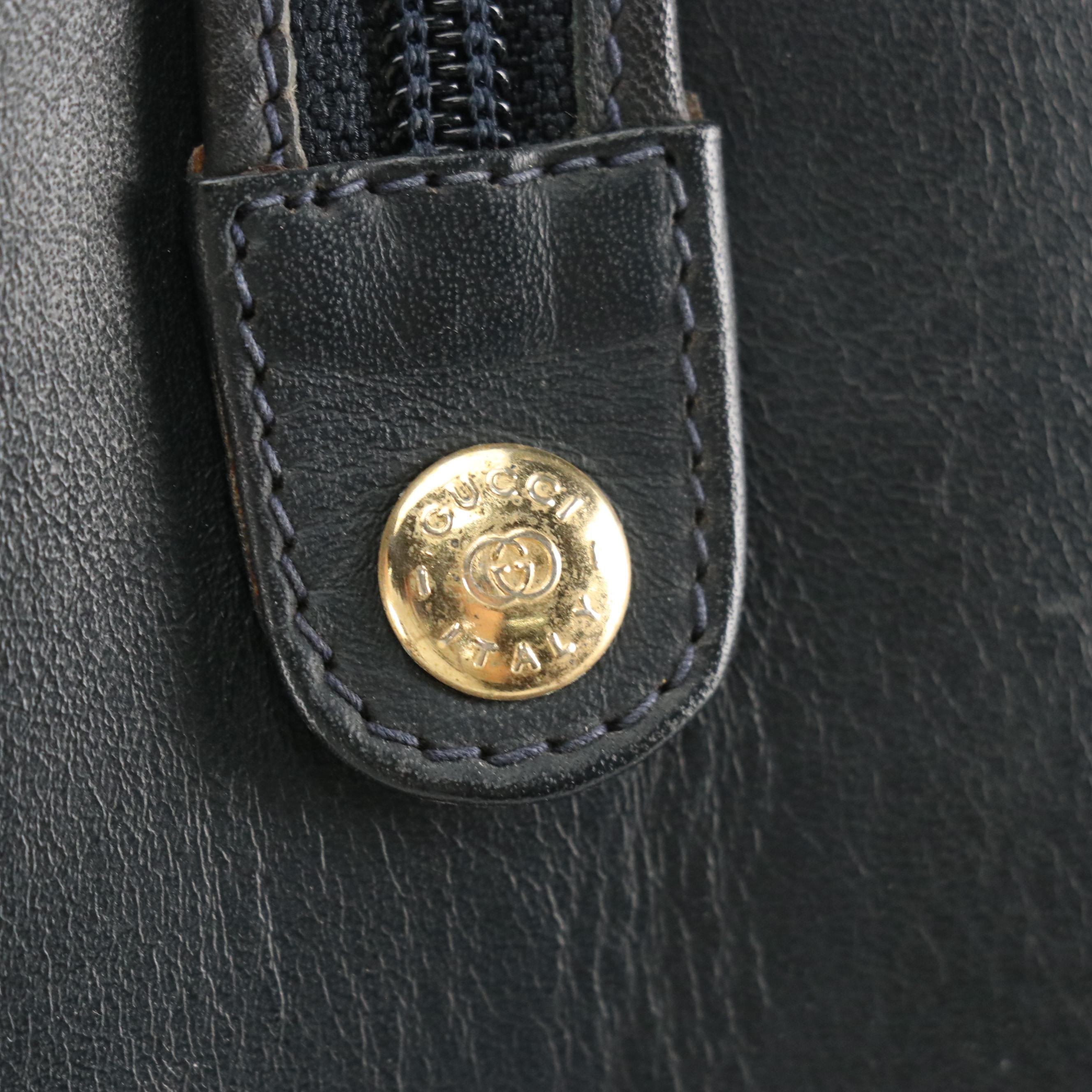 Gucci Interlocking GG Boston Bag in Micro GG Supreme Canvas and Navy Leather