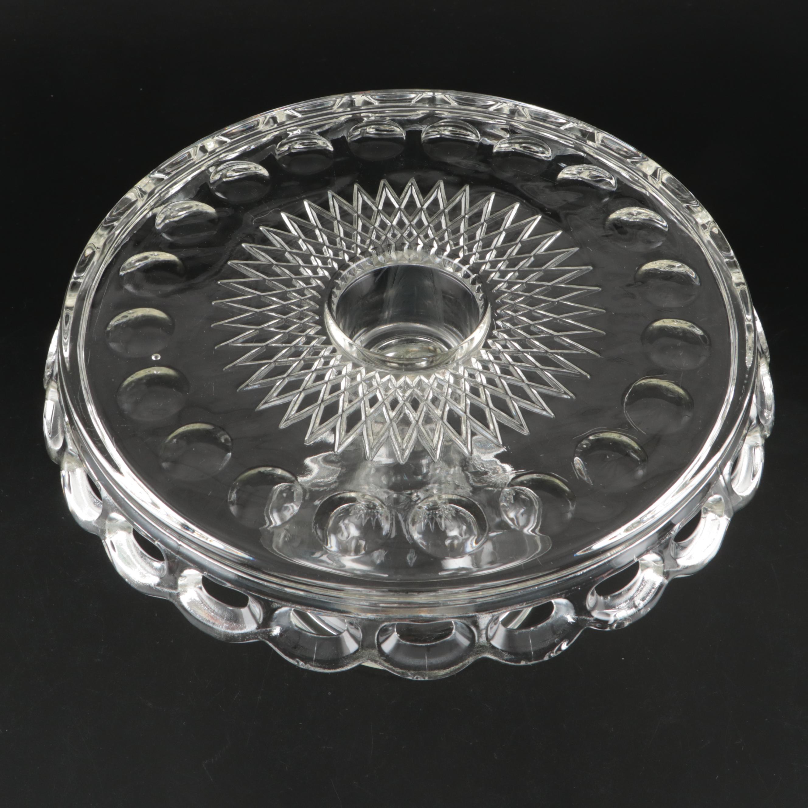 Indiana "Teardrop Clear" Candle Holders and Bowl with Pressed Glass Cake Stand