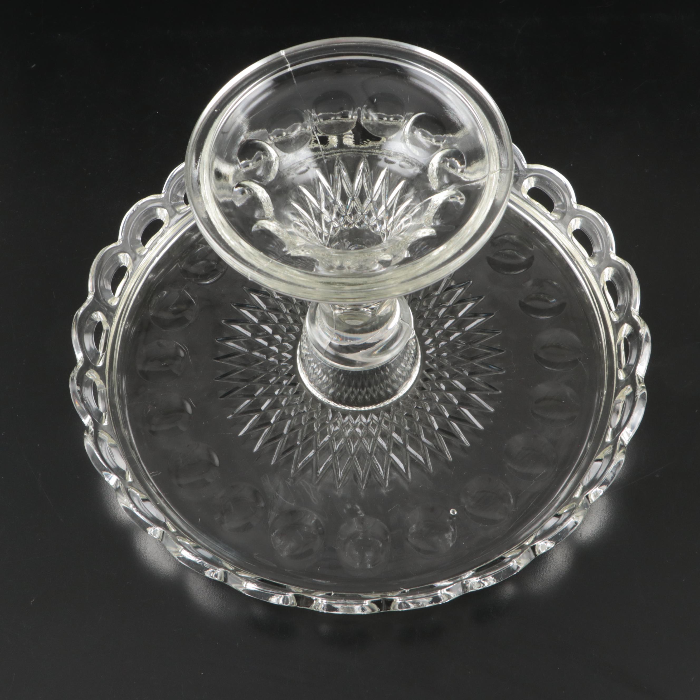 Indiana "Teardrop Clear" Candle Holders and Bowl with Pressed Glass Cake Stand
