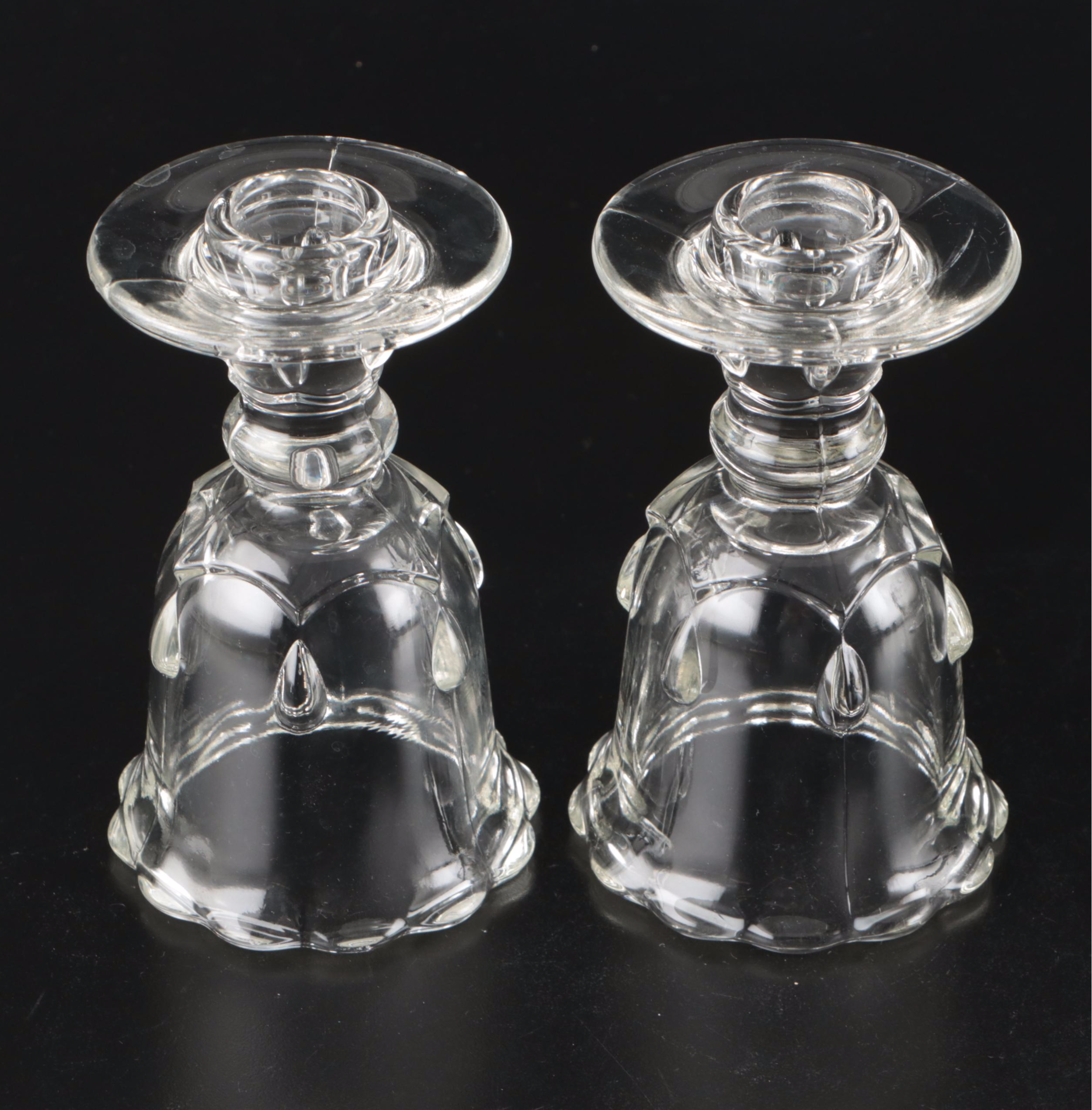 Indiana "Teardrop Clear" Candle Holders and Bowl with Pressed Glass Cake Stand