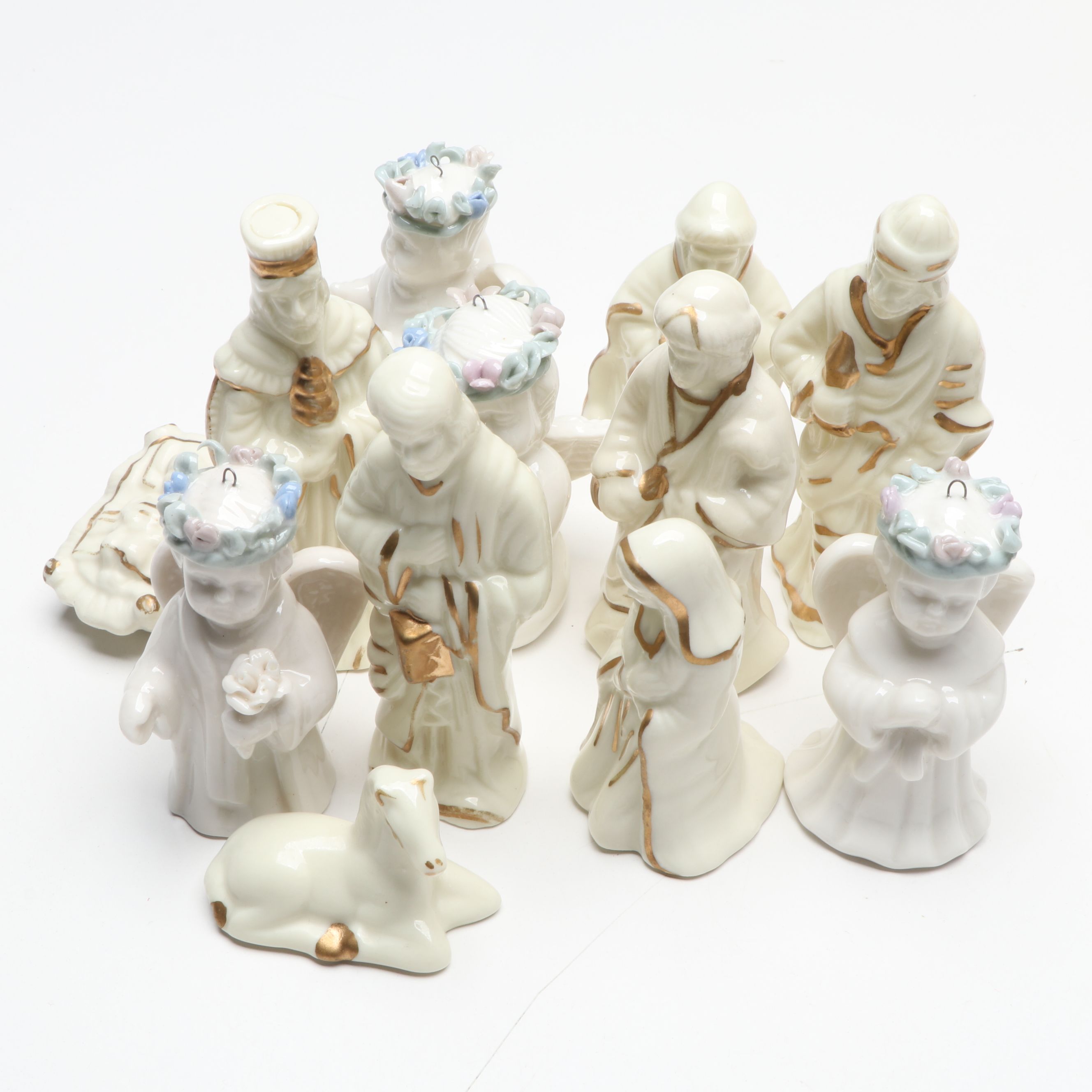 Pair of Gold Finish Angels with Vintage Ornaments and More Christmas Décor