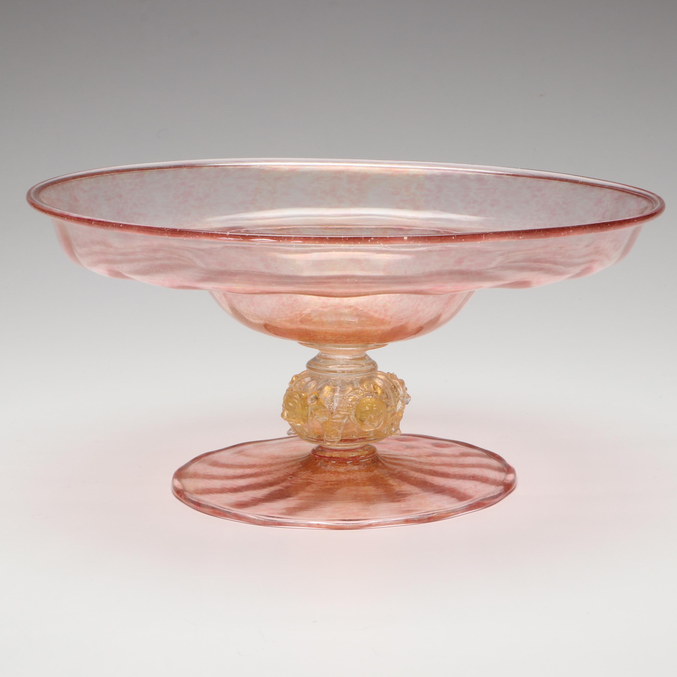 Handmade Murano Pink and Gold Art Glass Pedestal Dish, Mid to Late 20th Century