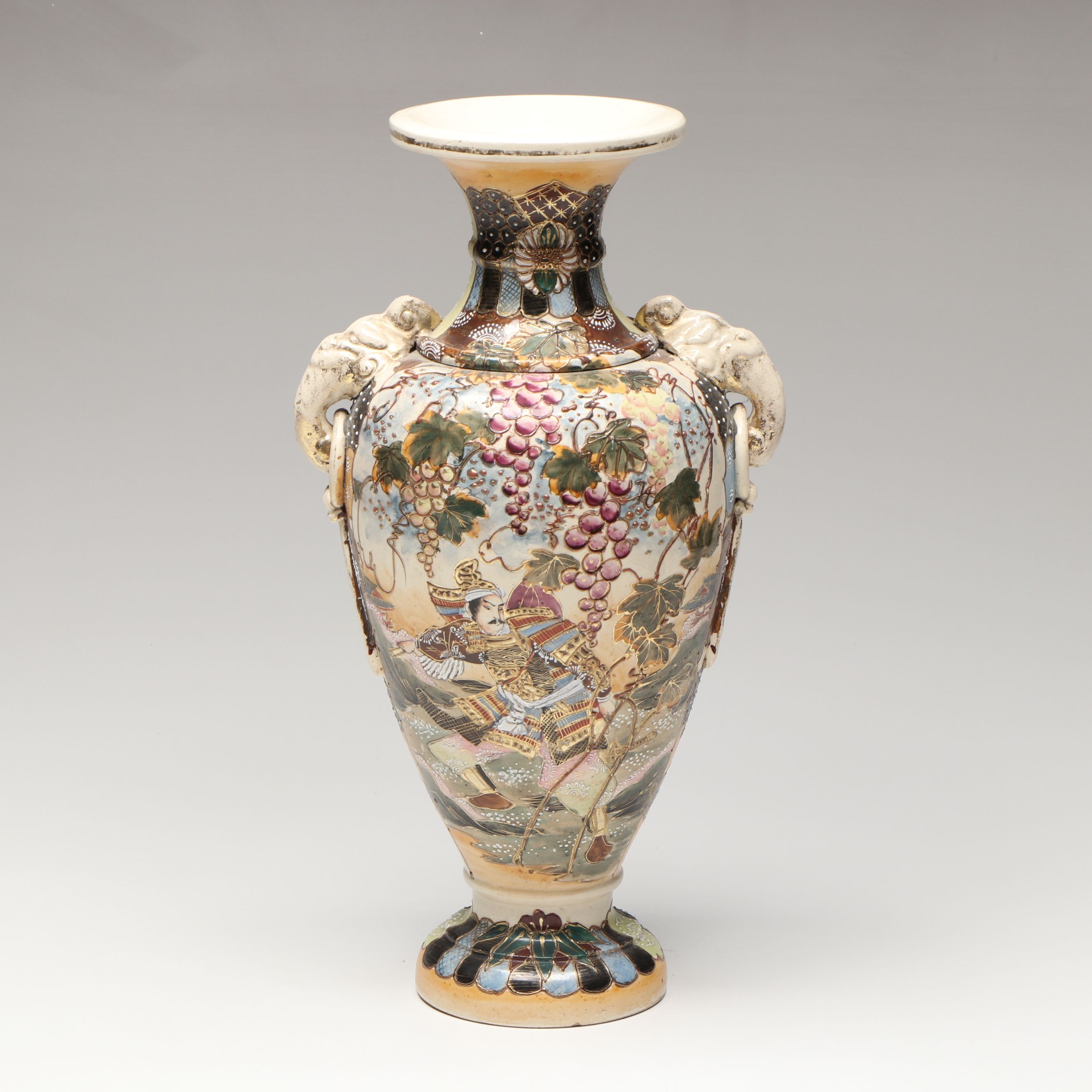 Japanese Satsuma Moriage Flowers and Samurai in Medallion Ceramic Vase
