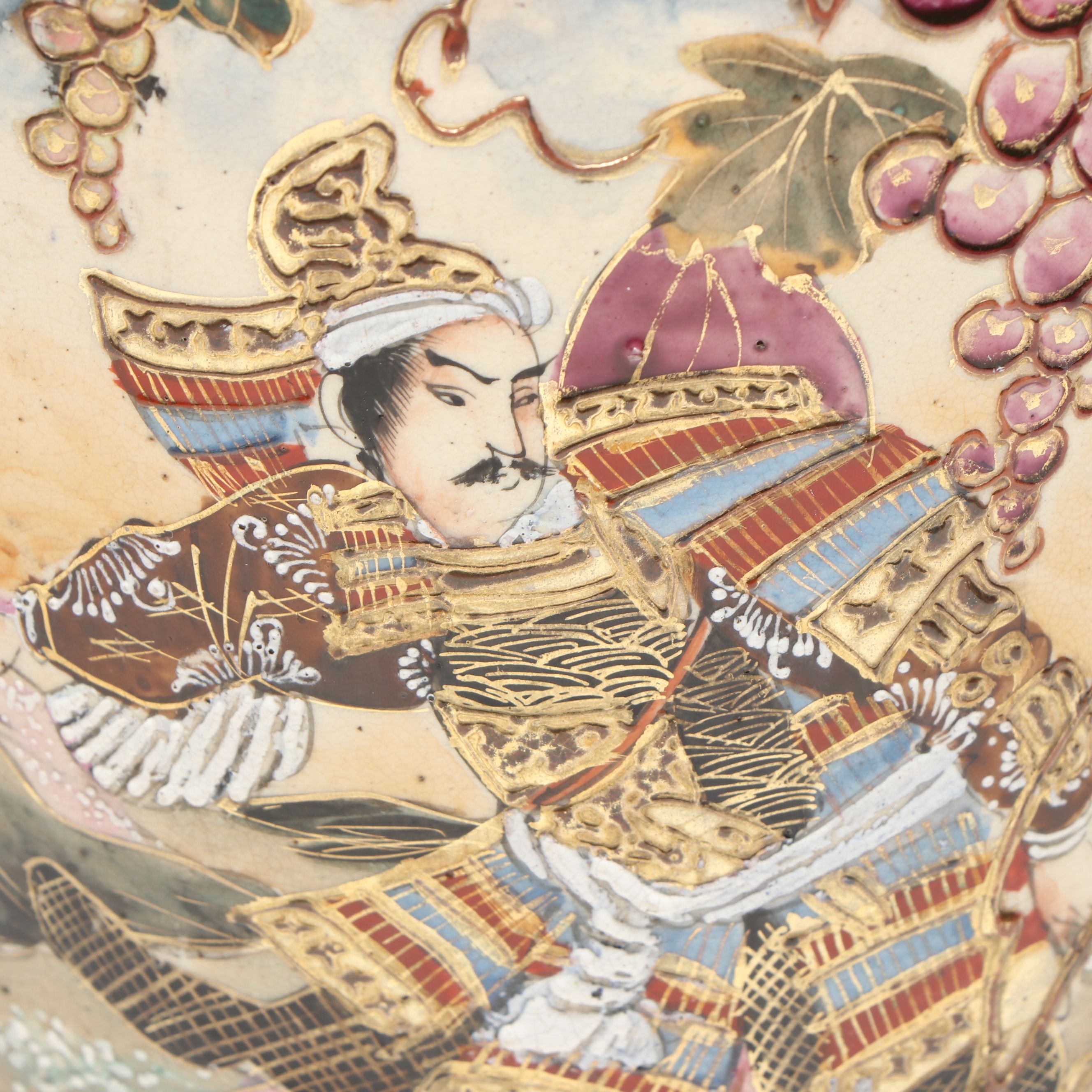 Japanese Satsuma Moriage Flowers and Samurai in Medallion Ceramic Vase