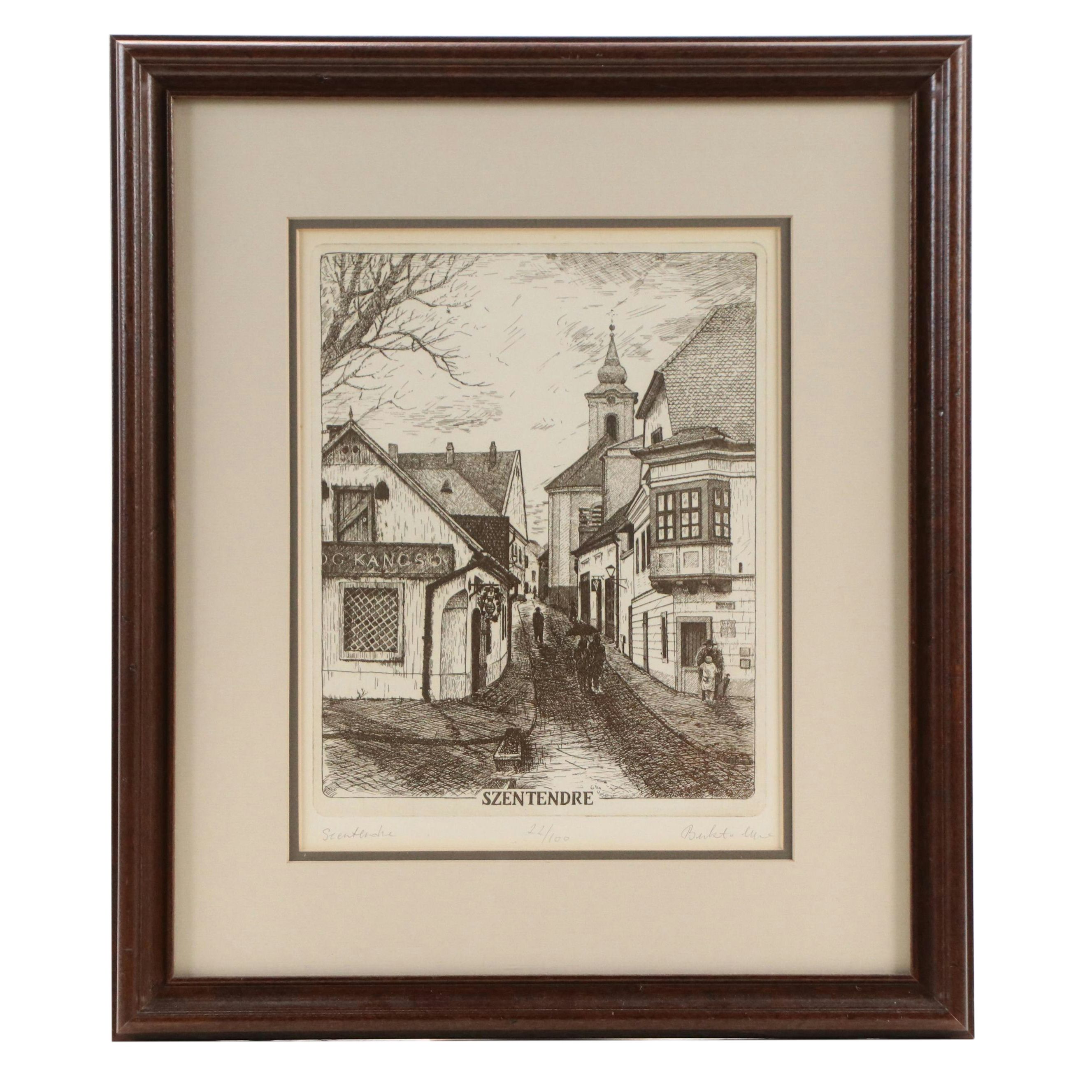 Imre Bukta Street Scene Etching "Szentendre"