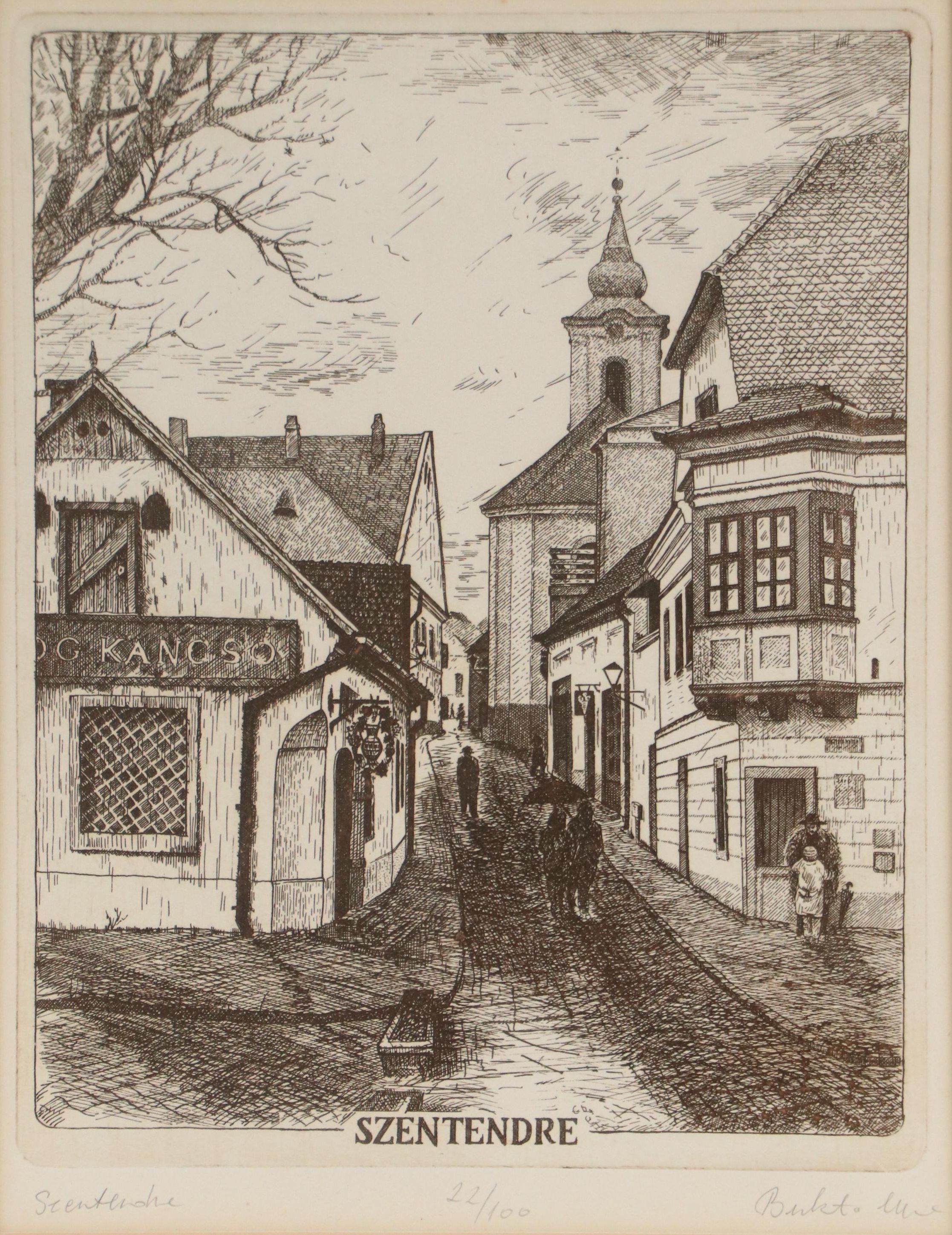 Imre Bukta Street Scene Etching "Szentendre"