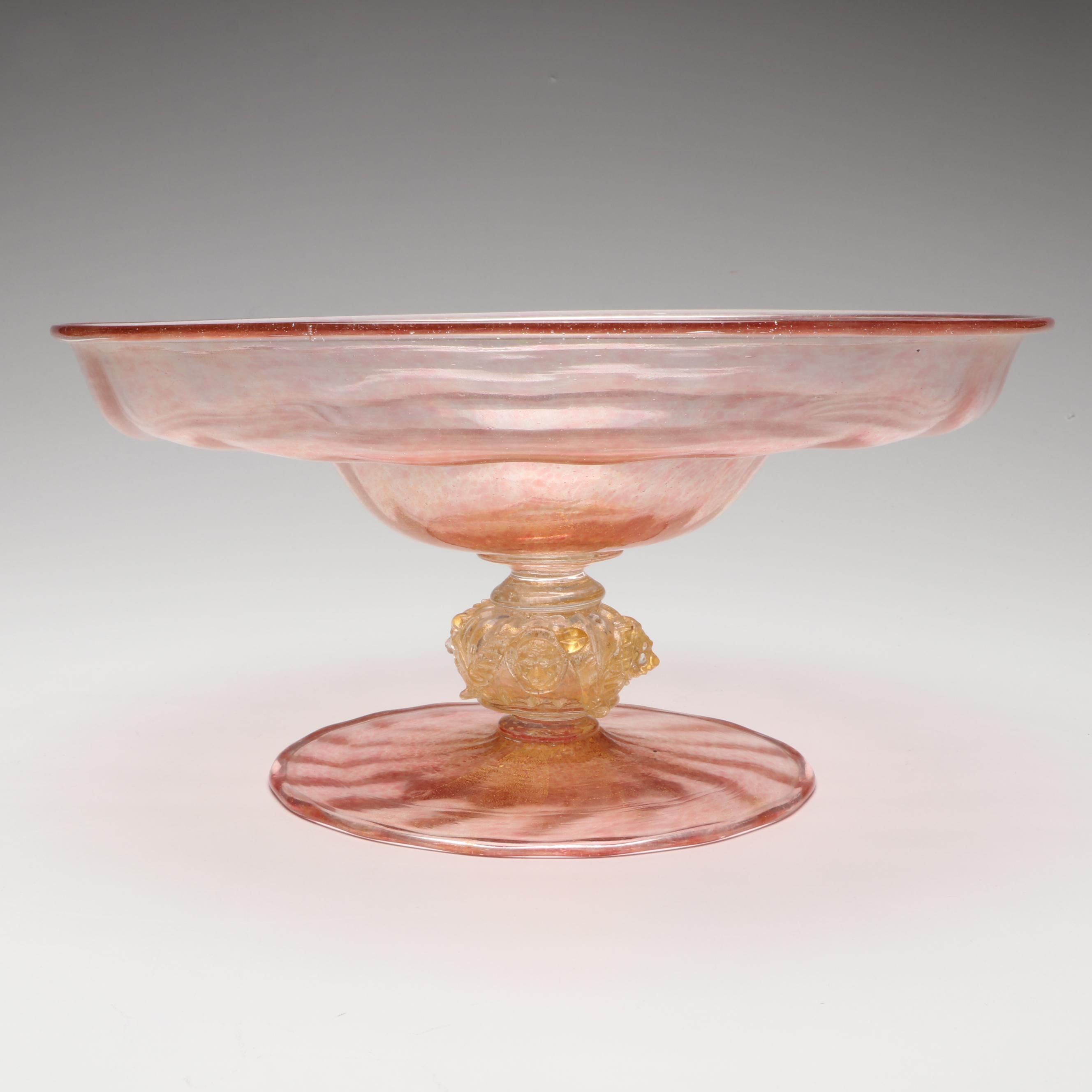 Handmade Murano Pink and Gold Art Glass Pedestal Dish, Mid to Late 20th Century