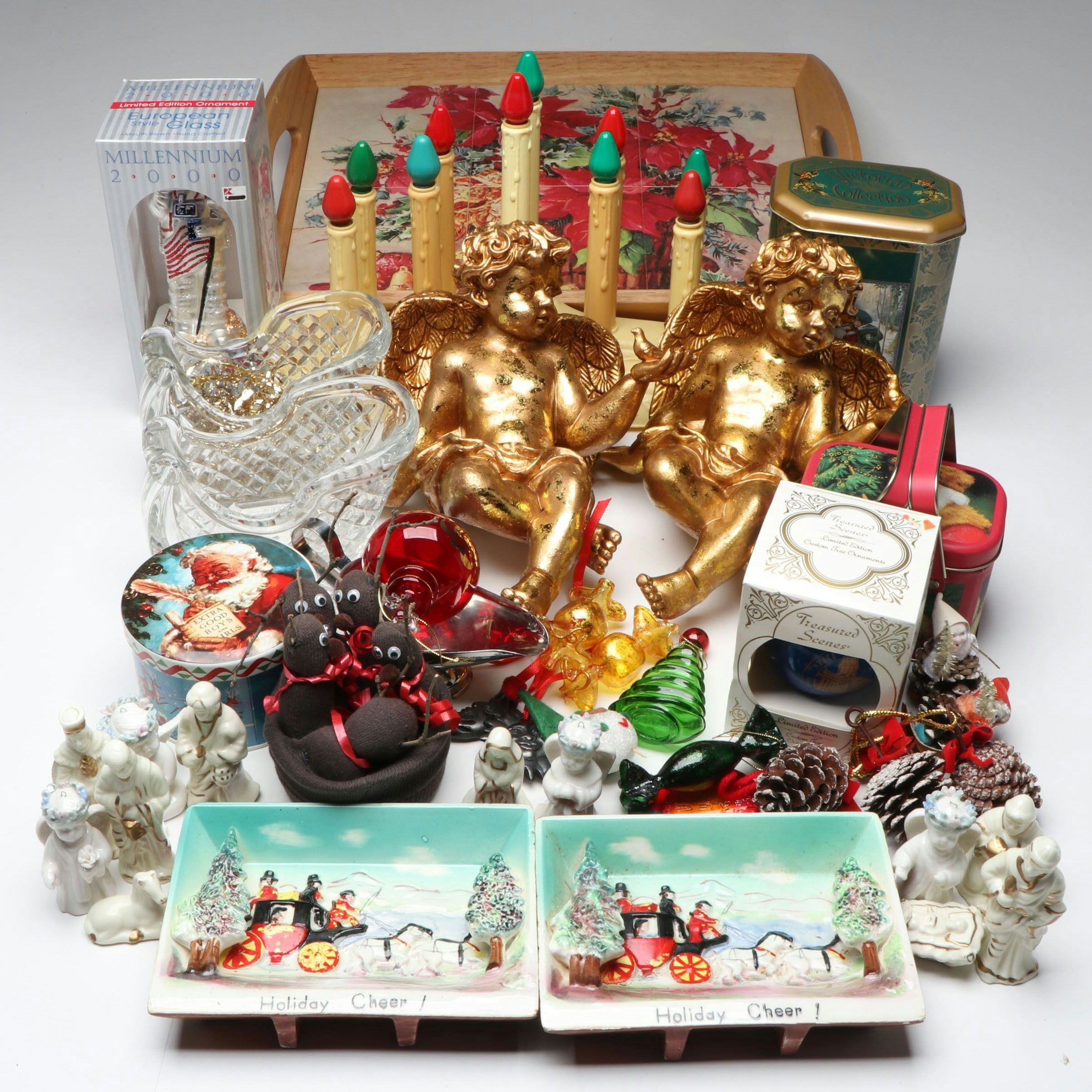 Pair of Gold Finish Angels with Vintage Ornaments and More Christmas Décor