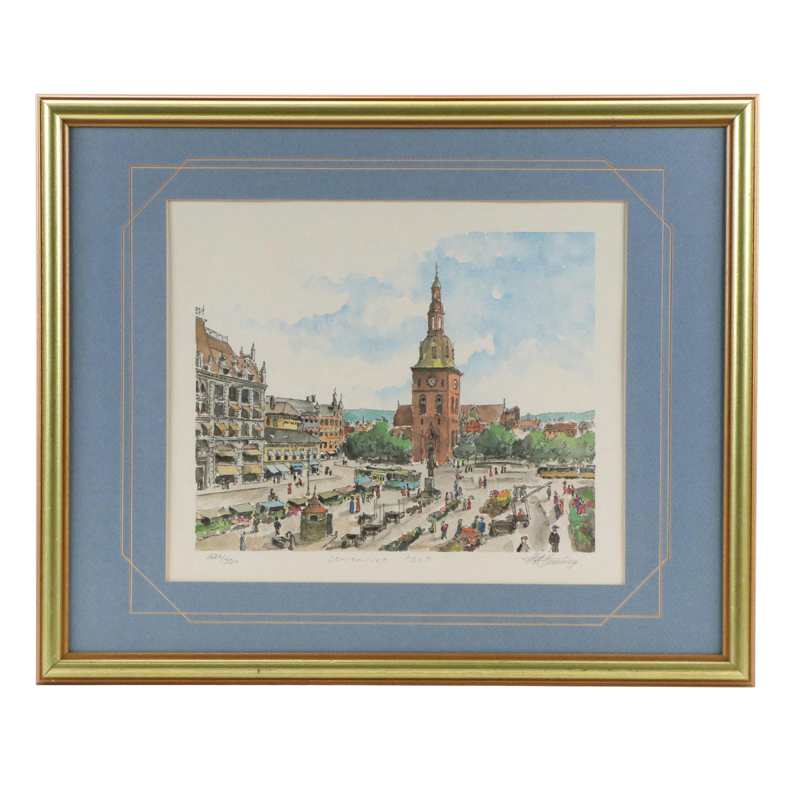 Norwegian City Plaza Scene Offset Lithograph "Stortorvet"