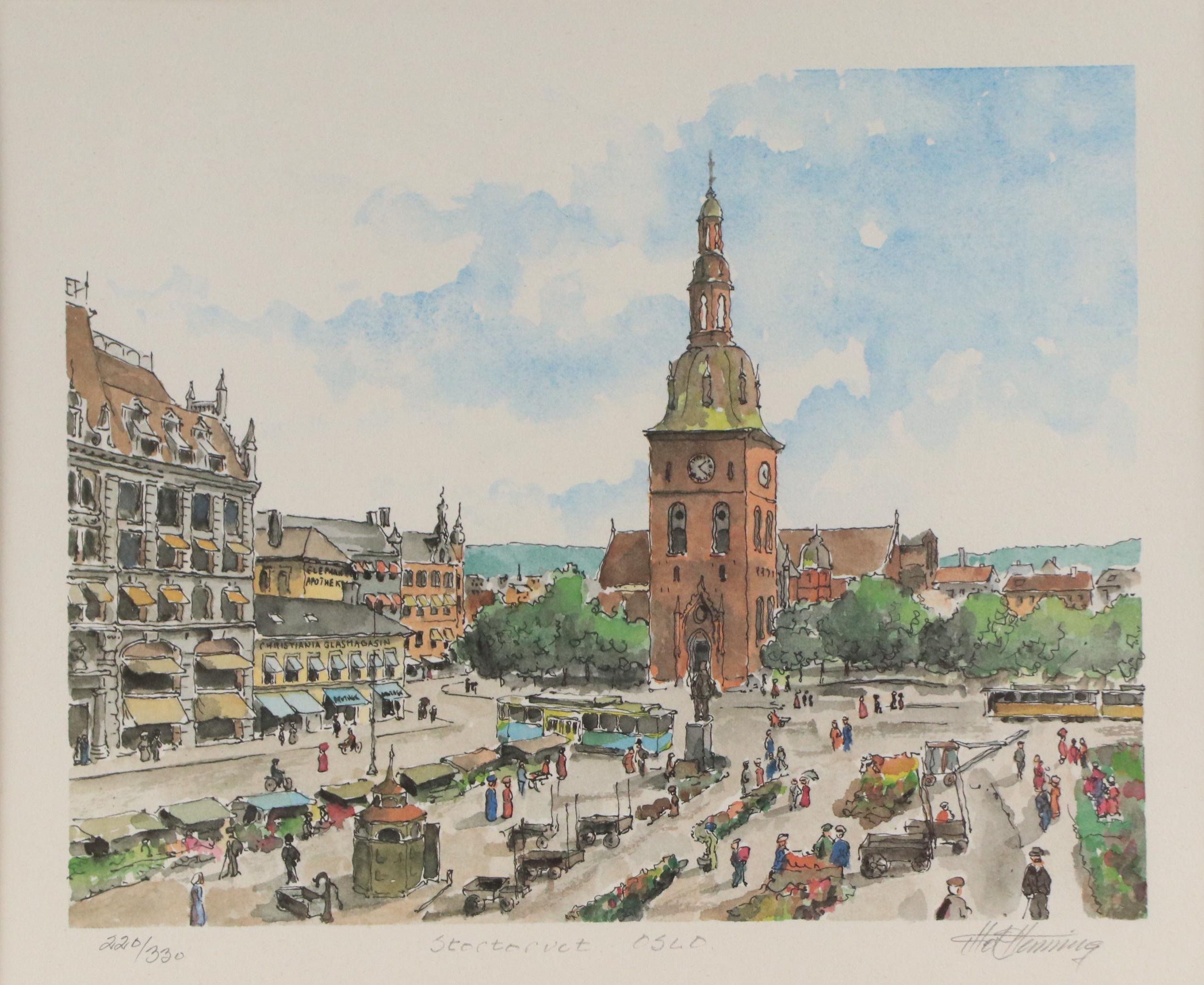 Norwegian City Plaza Scene Offset Lithograph "Stortorvet"