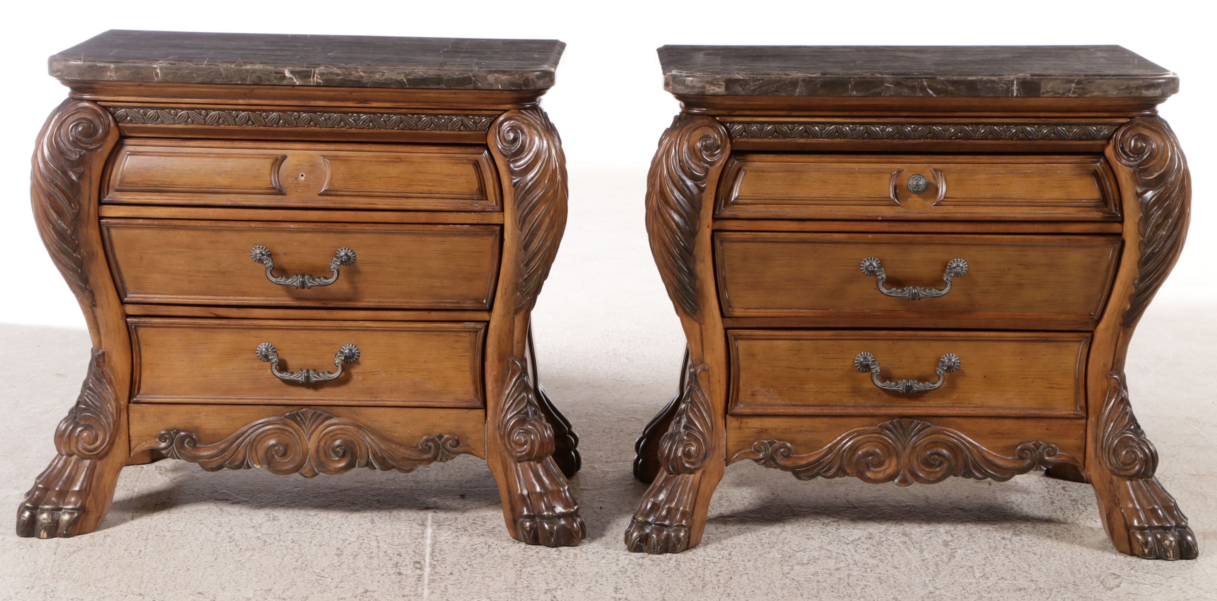 Pair of AICO by Michael Amini Baroque Style Marble Top Nightstands