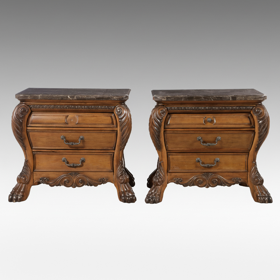 Pair of AICO by Michael Amini Baroque Style Marble Top Nightstands