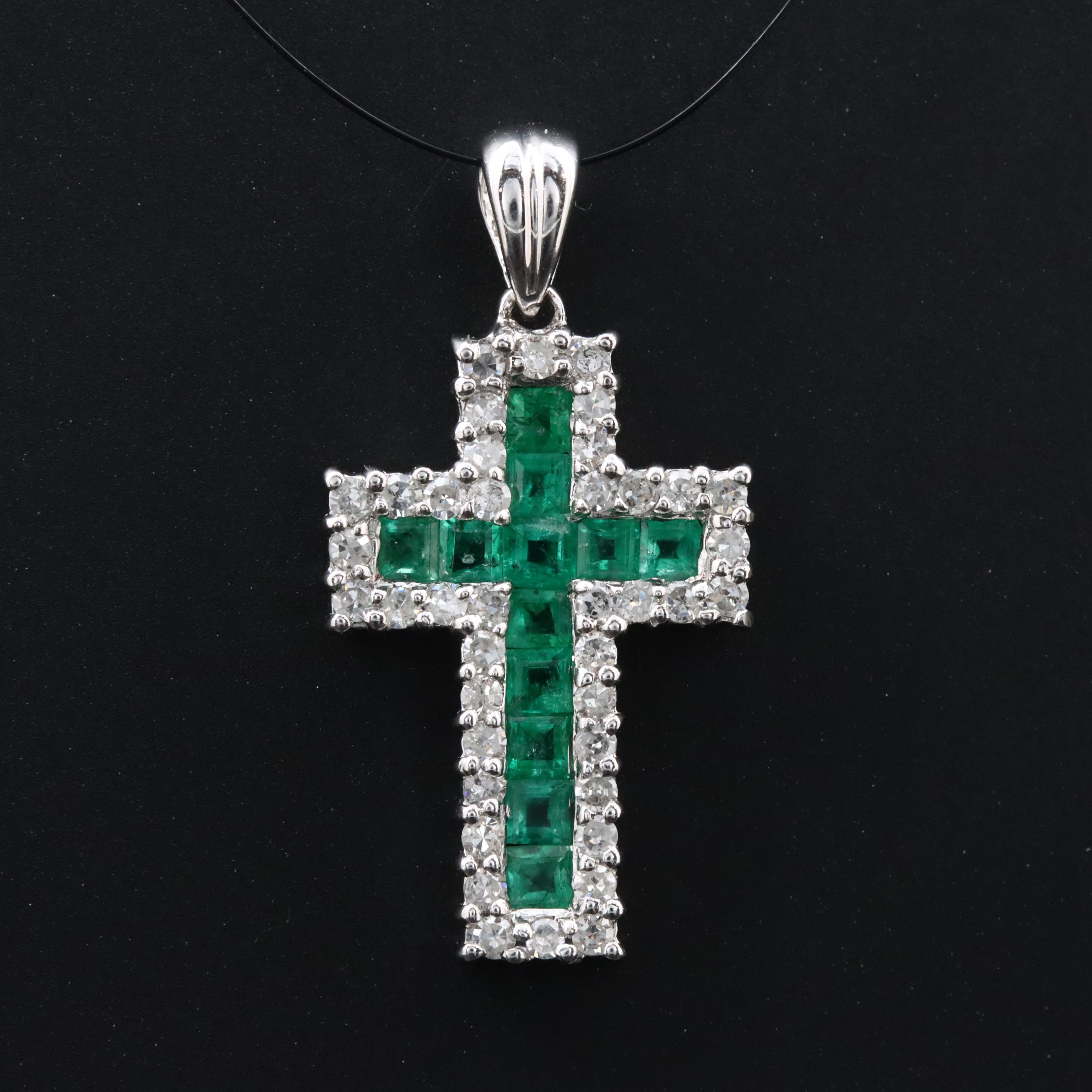 14K Emerald and Diamond Cross Pendant