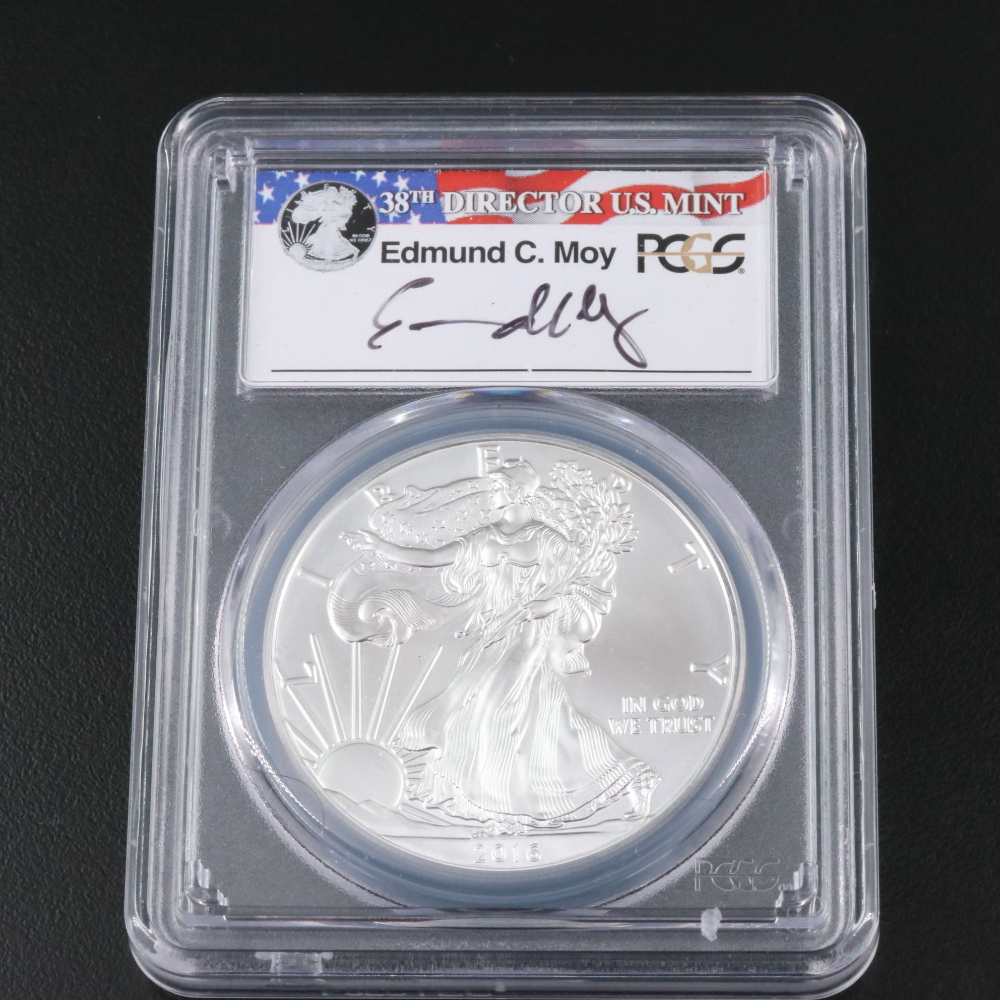 PCGS Graded MS70 2016 $1 American Silver Eagle Signed by Moy