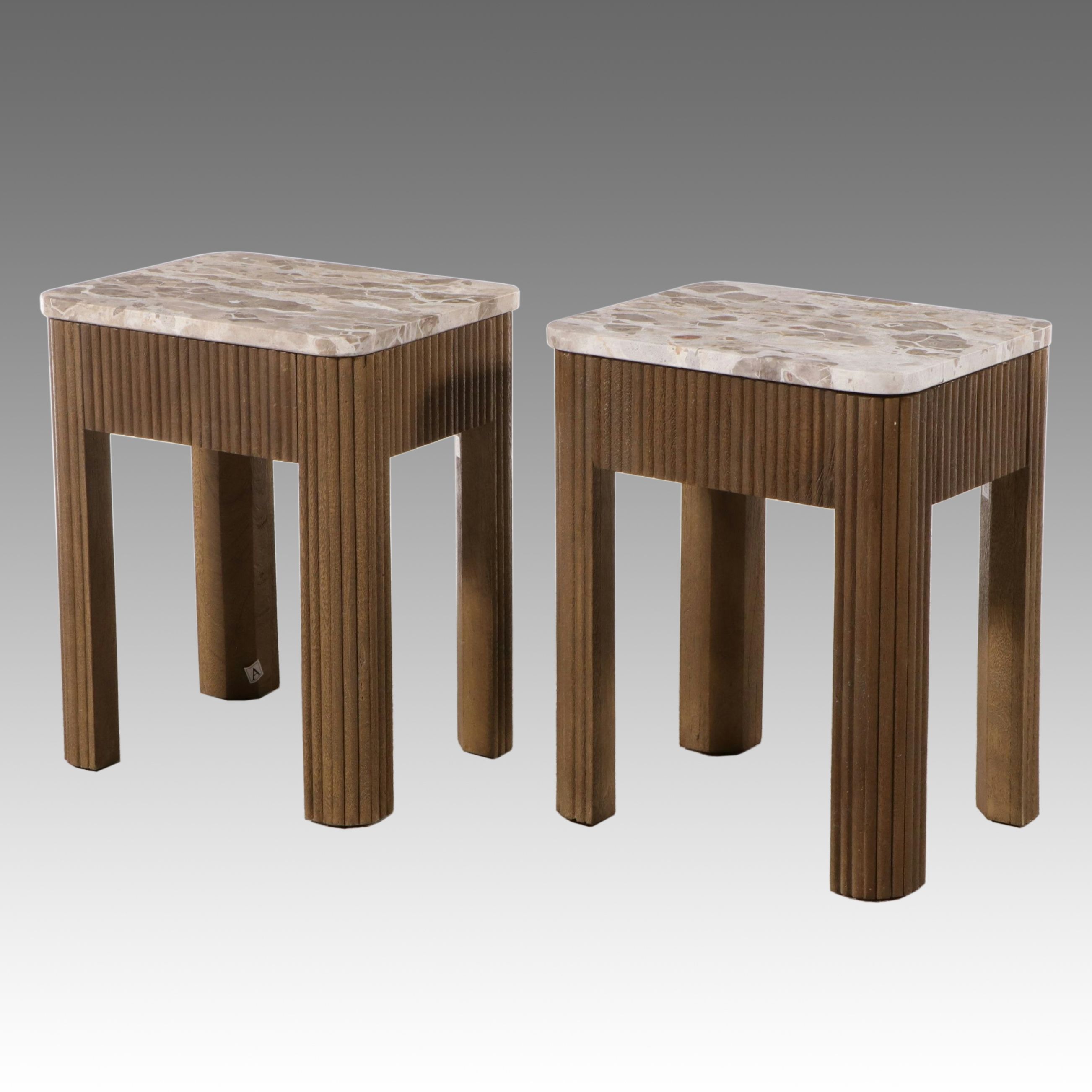 Pair of Contemporary Stone Top Reeded Wood End Tables