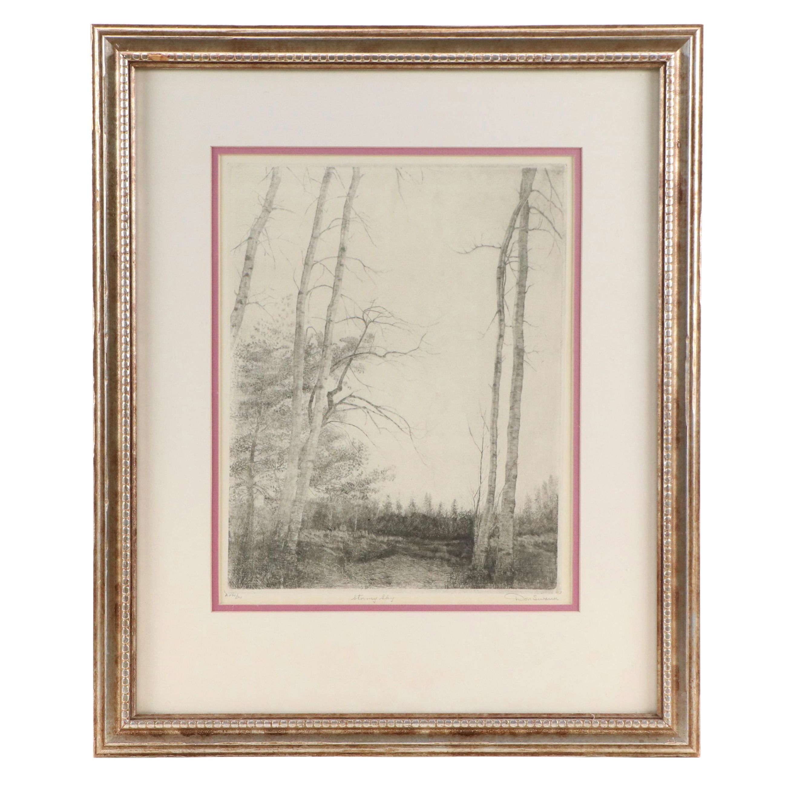Don Swann Wooded Landscape Etching "Stormy Sky"