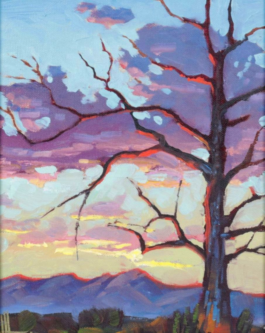 William Hawkins Impressionist Mountain Oil Landscape Featuring a Barren Tree