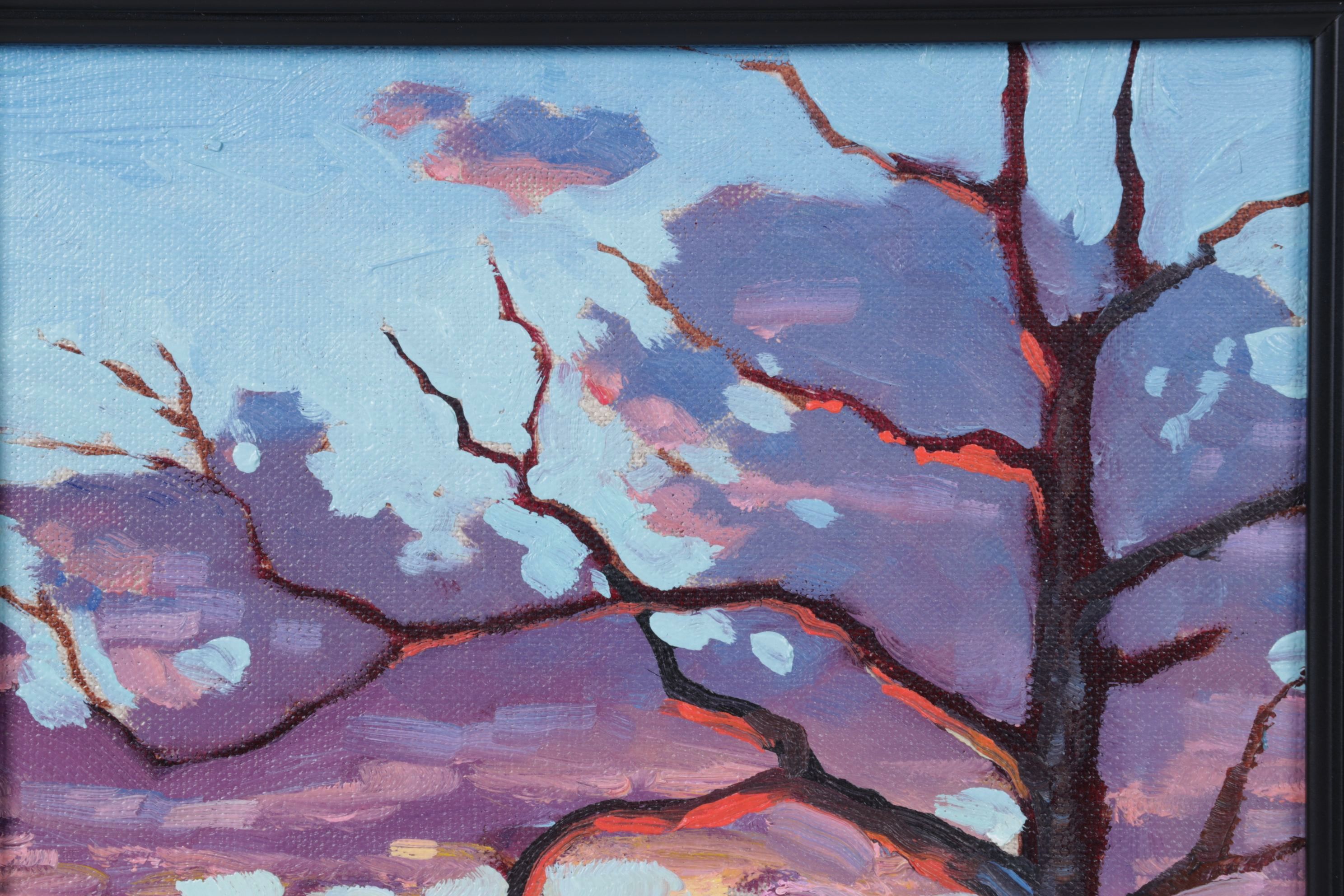 William Hawkins Impressionist Mountain Oil Landscape Featuring a Barren Tree