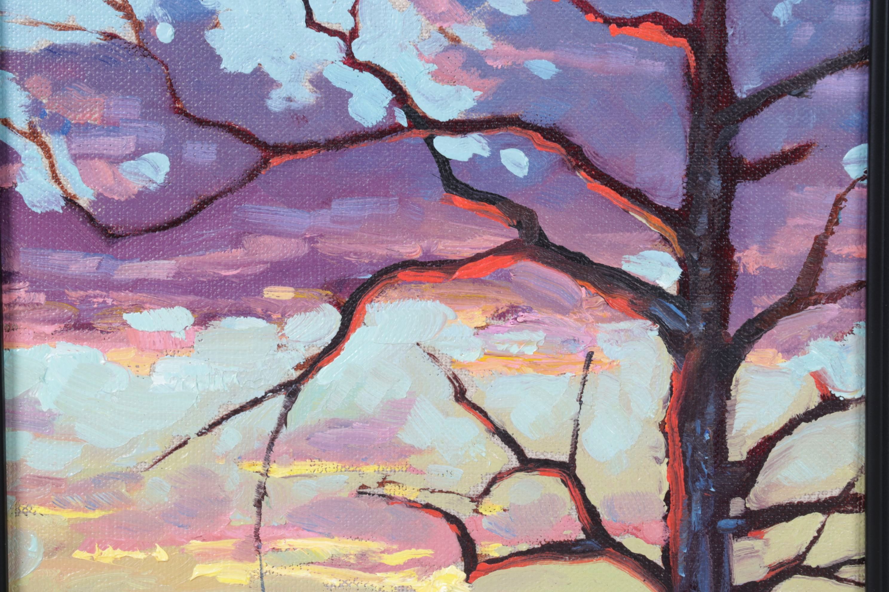 William Hawkins Impressionist Mountain Oil Landscape Featuring a Barren Tree