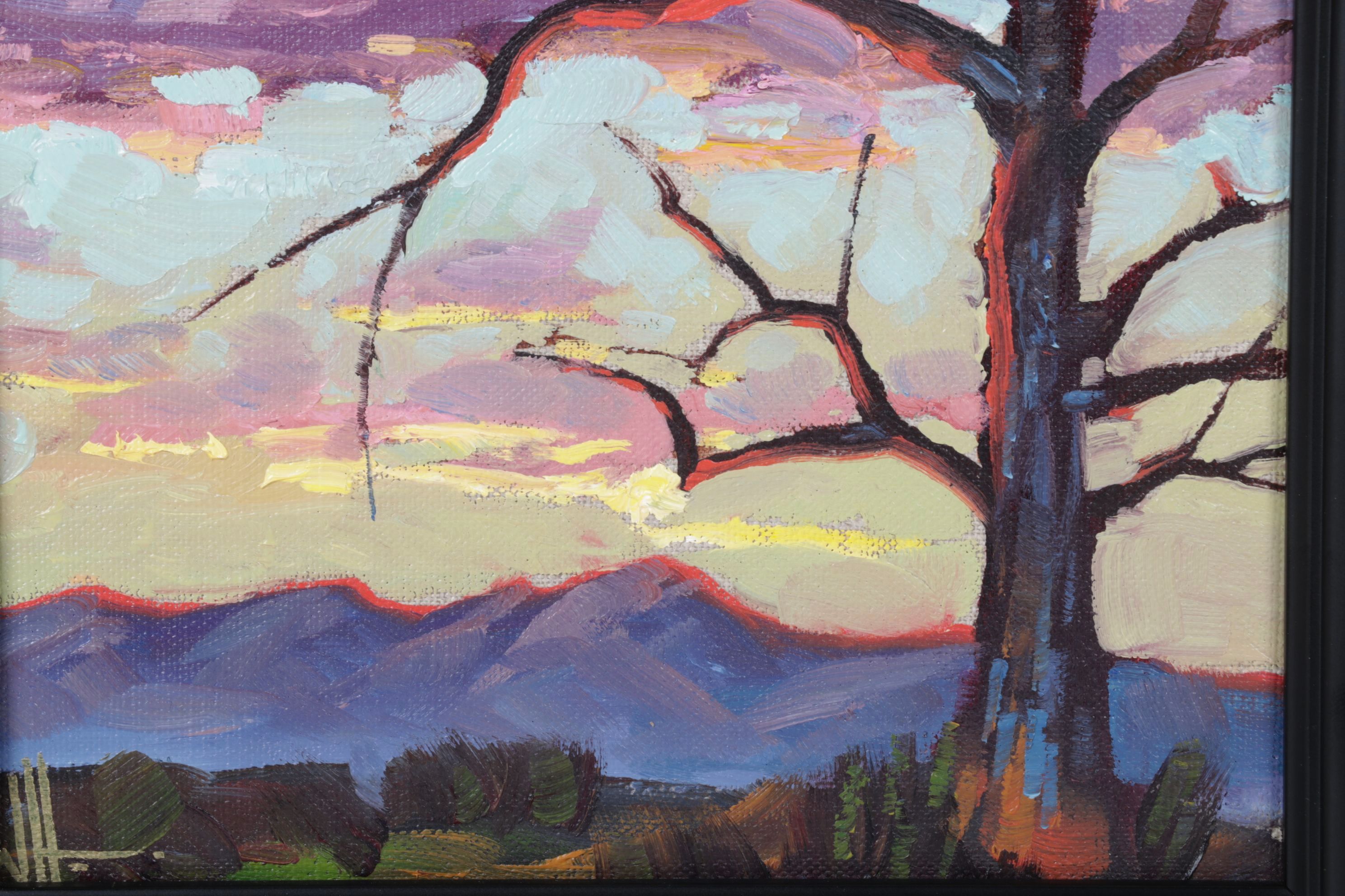 William Hawkins Impressionist Mountain Oil Landscape Featuring a Barren Tree