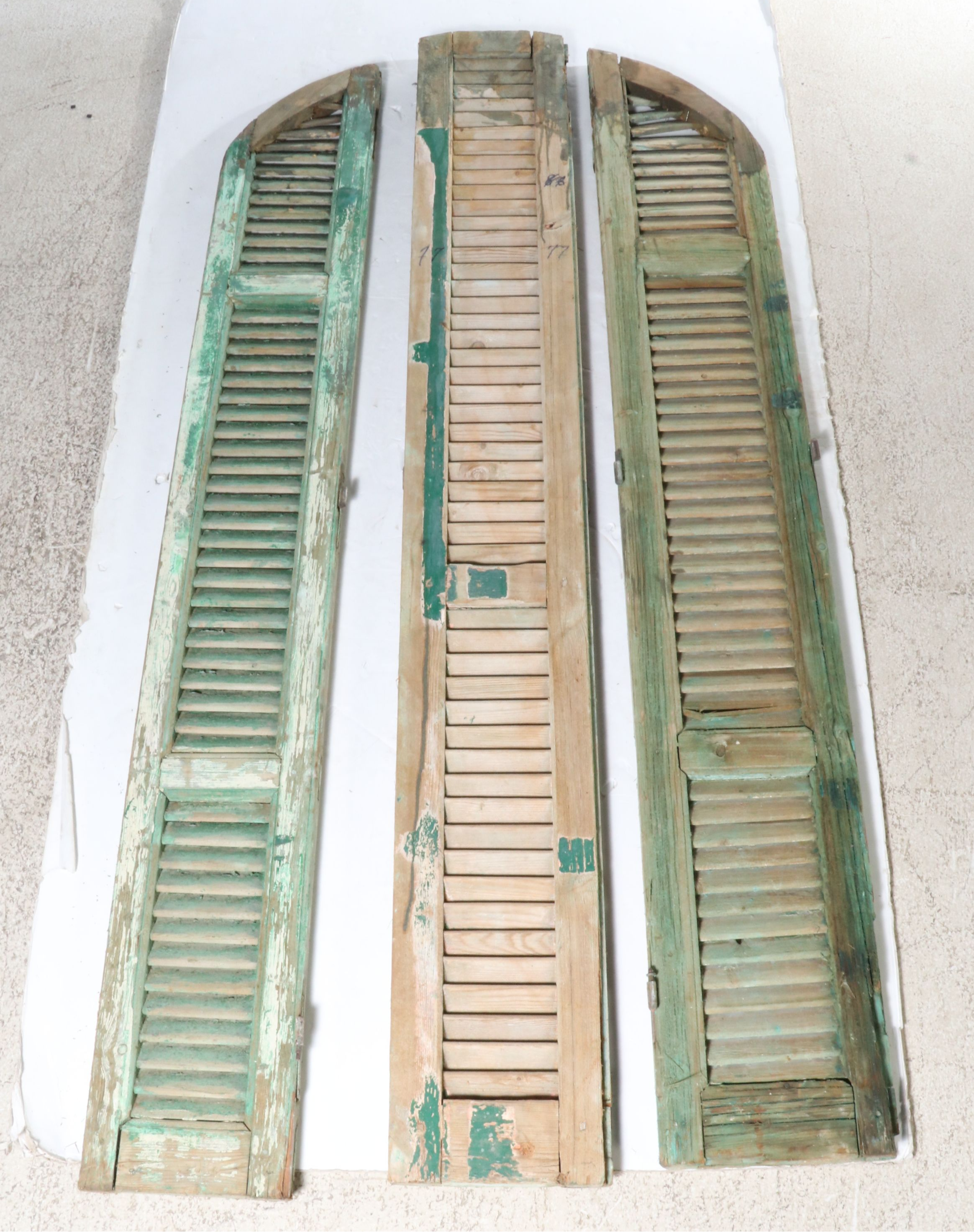 81" Distressed Painted Wood Three-Panel Window Shutters