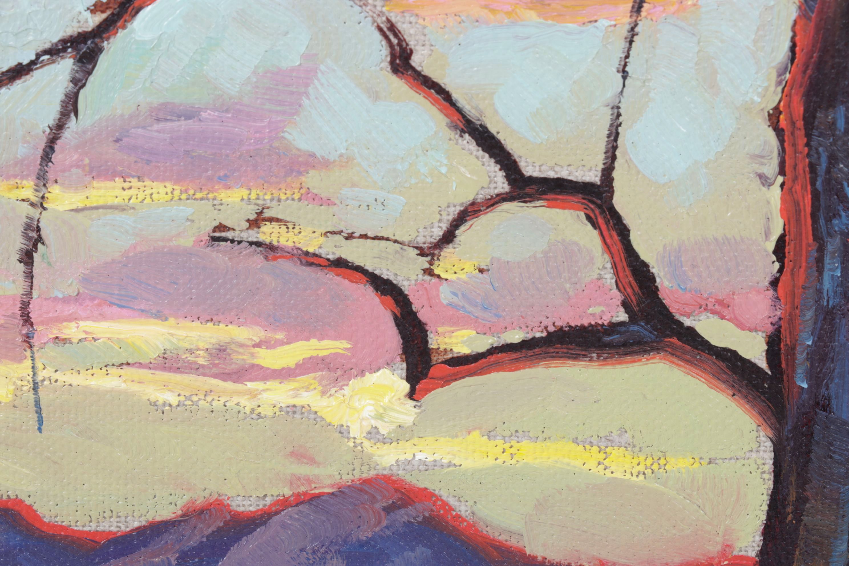 William Hawkins Impressionist Mountain Oil Landscape Featuring a Barren Tree