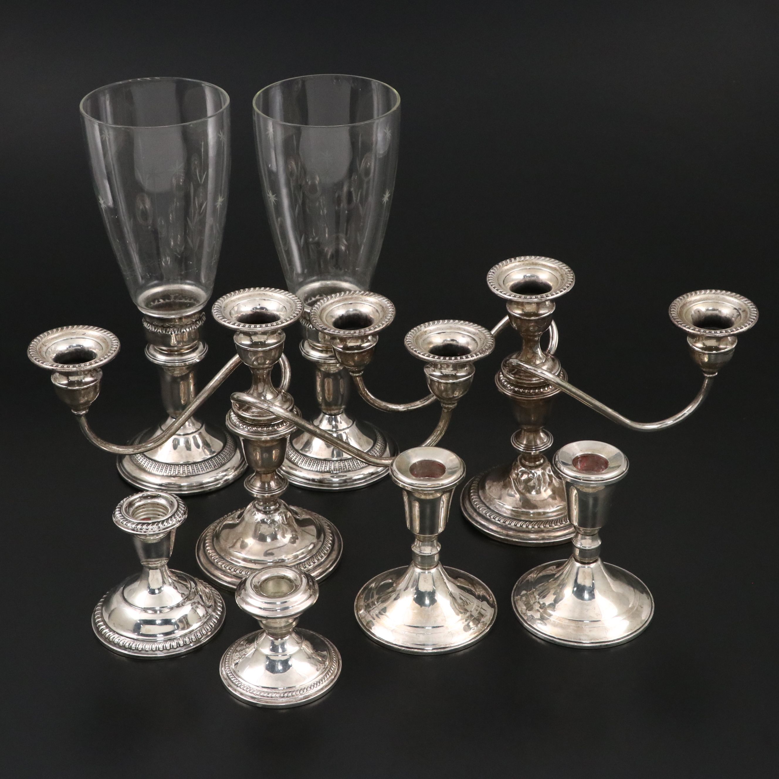 Empire Sterling Candelabrum, AMC Sterling and Glass Hurricanes and More Sterling