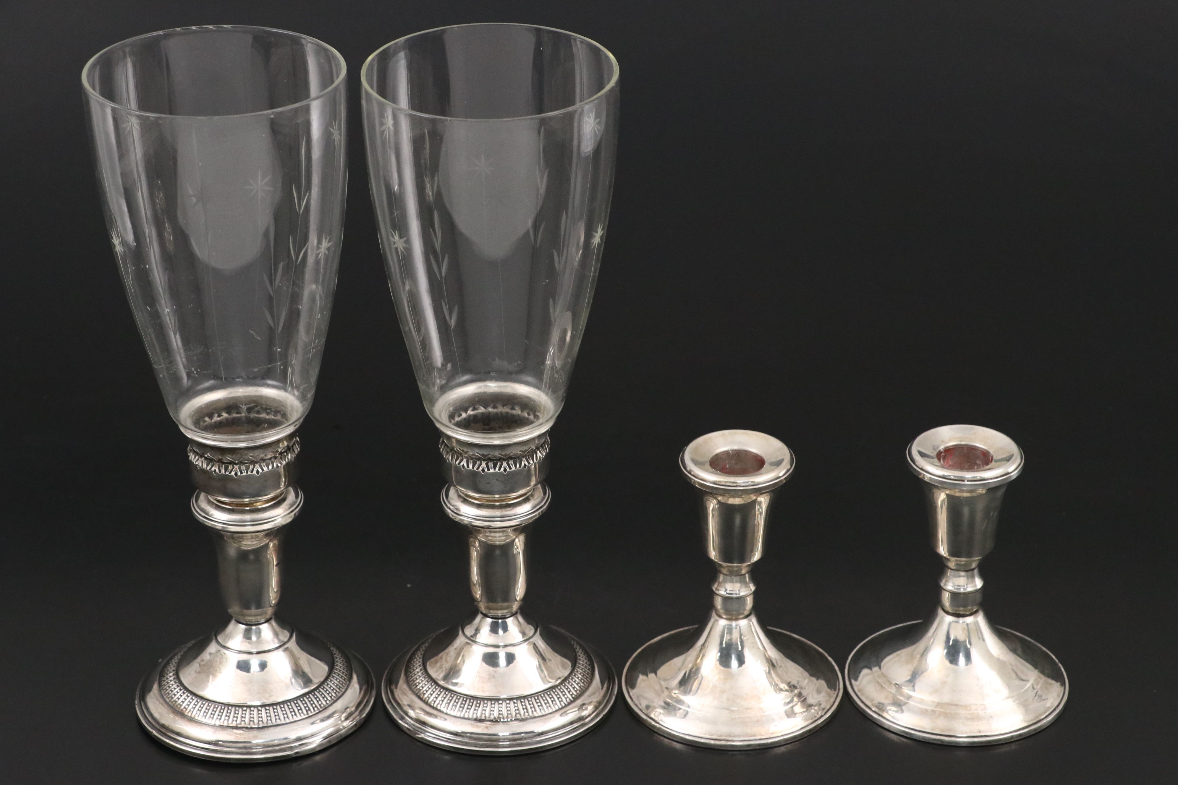 Empire Sterling Candelabrum, AMC Sterling and Glass Hurricanes and More Sterling