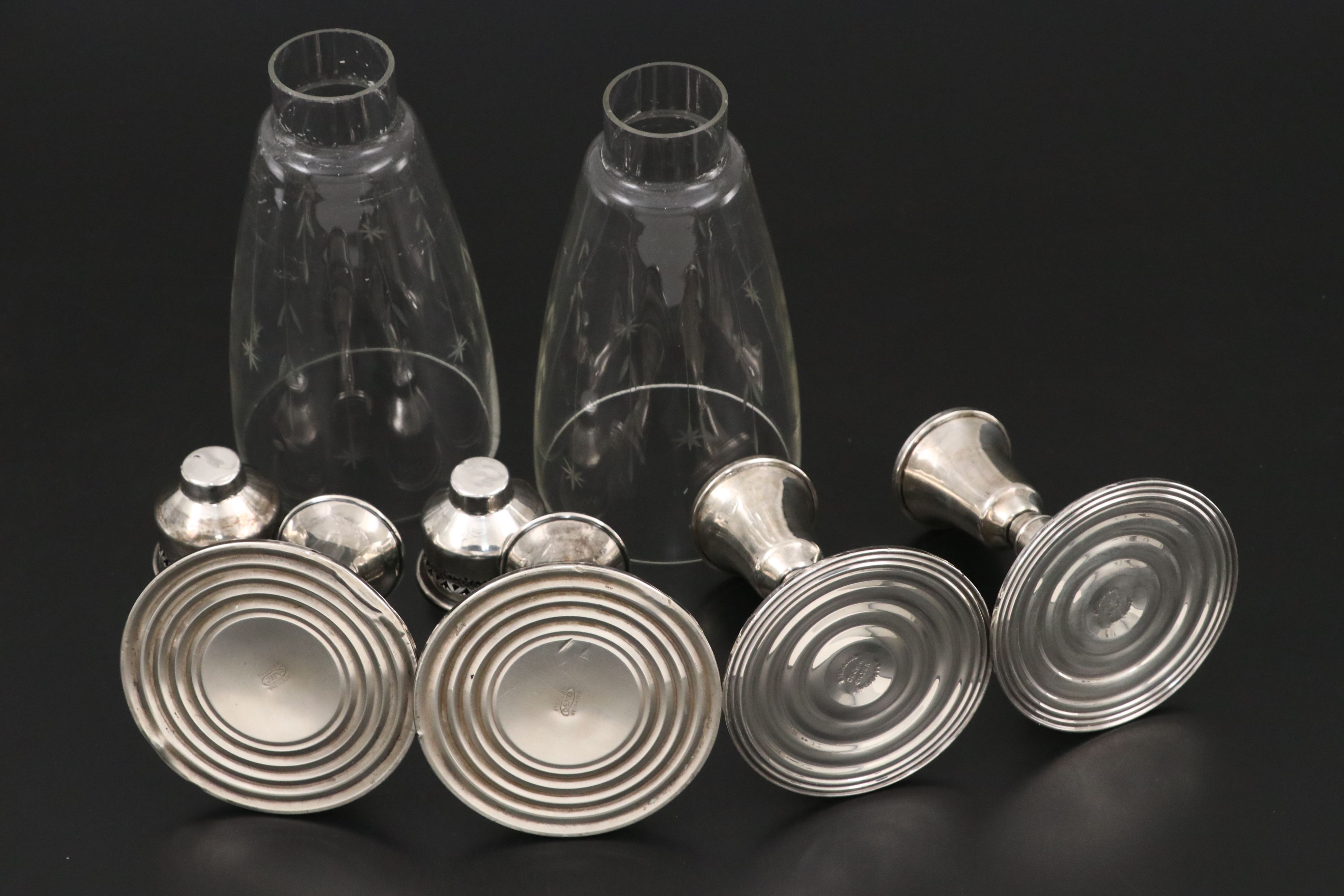 Empire Sterling Candelabrum, AMC Sterling and Glass Hurricanes and More Sterling