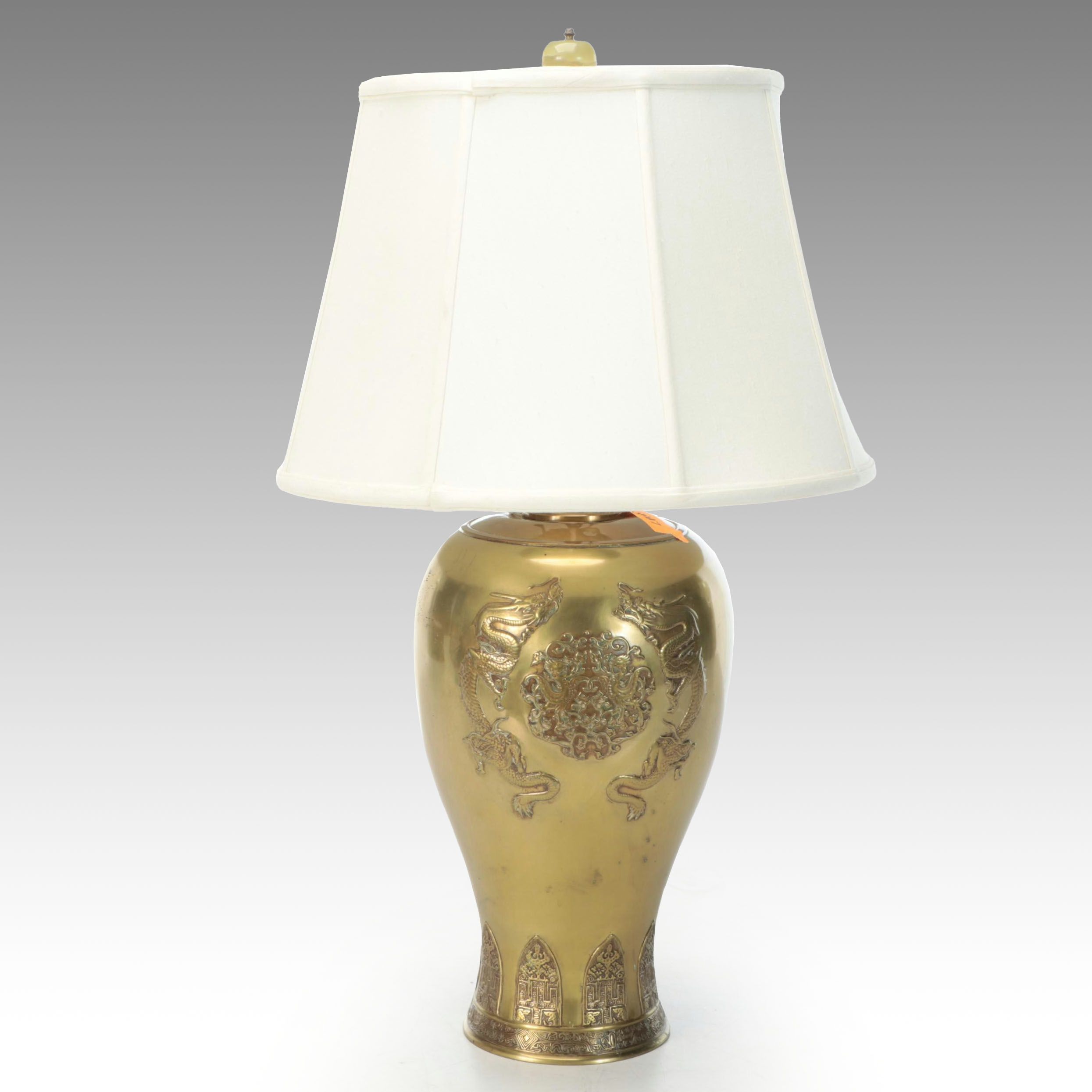 Bas-Relief Brass Two Dragons Table Lamp with Calcite Finial