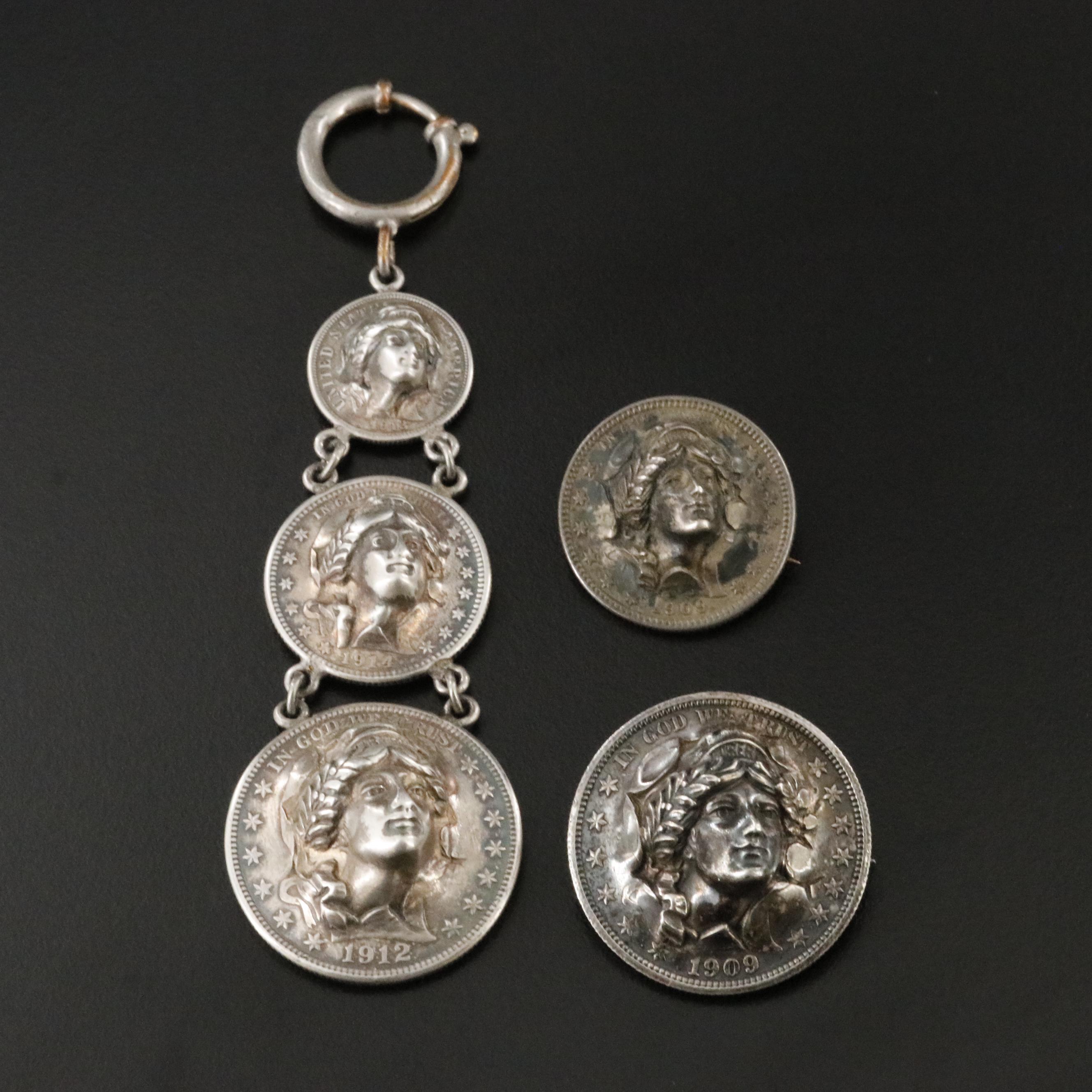 900 Silver Barber "Pop-Out" Coin Brooch and Fob Collection