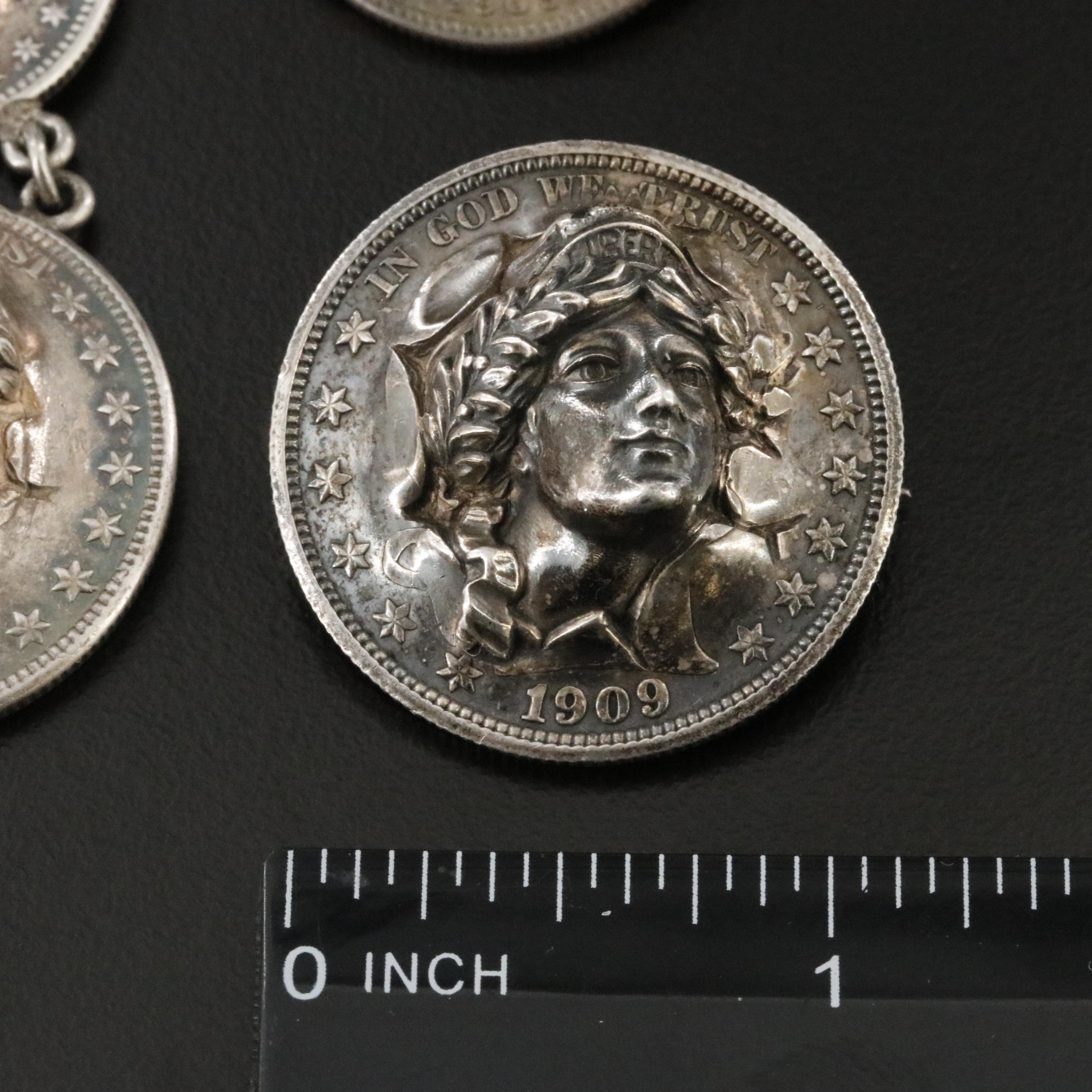 900 Silver Barber "Pop-Out" Coin Brooch and Fob Collection
