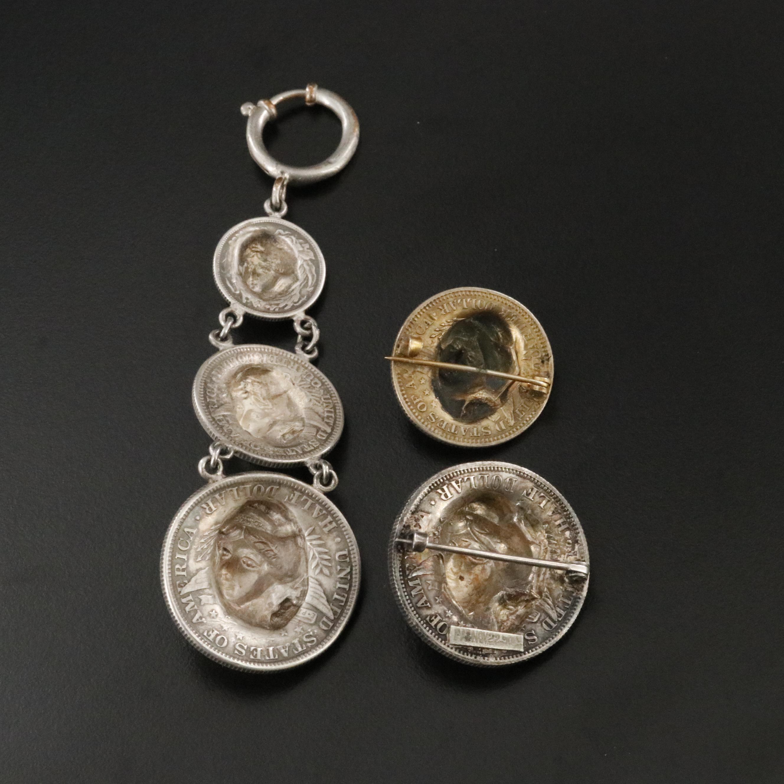900 Silver Barber "Pop-Out" Coin Brooch and Fob Collection