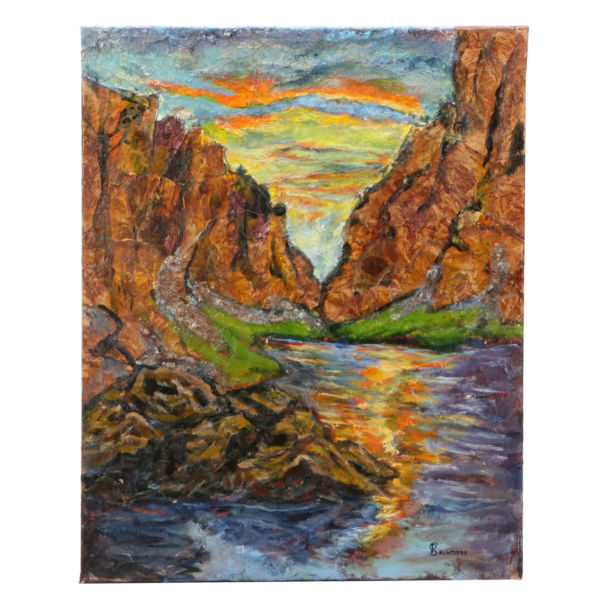 P. Saunders Mixed Media Mountain Valley Landscape