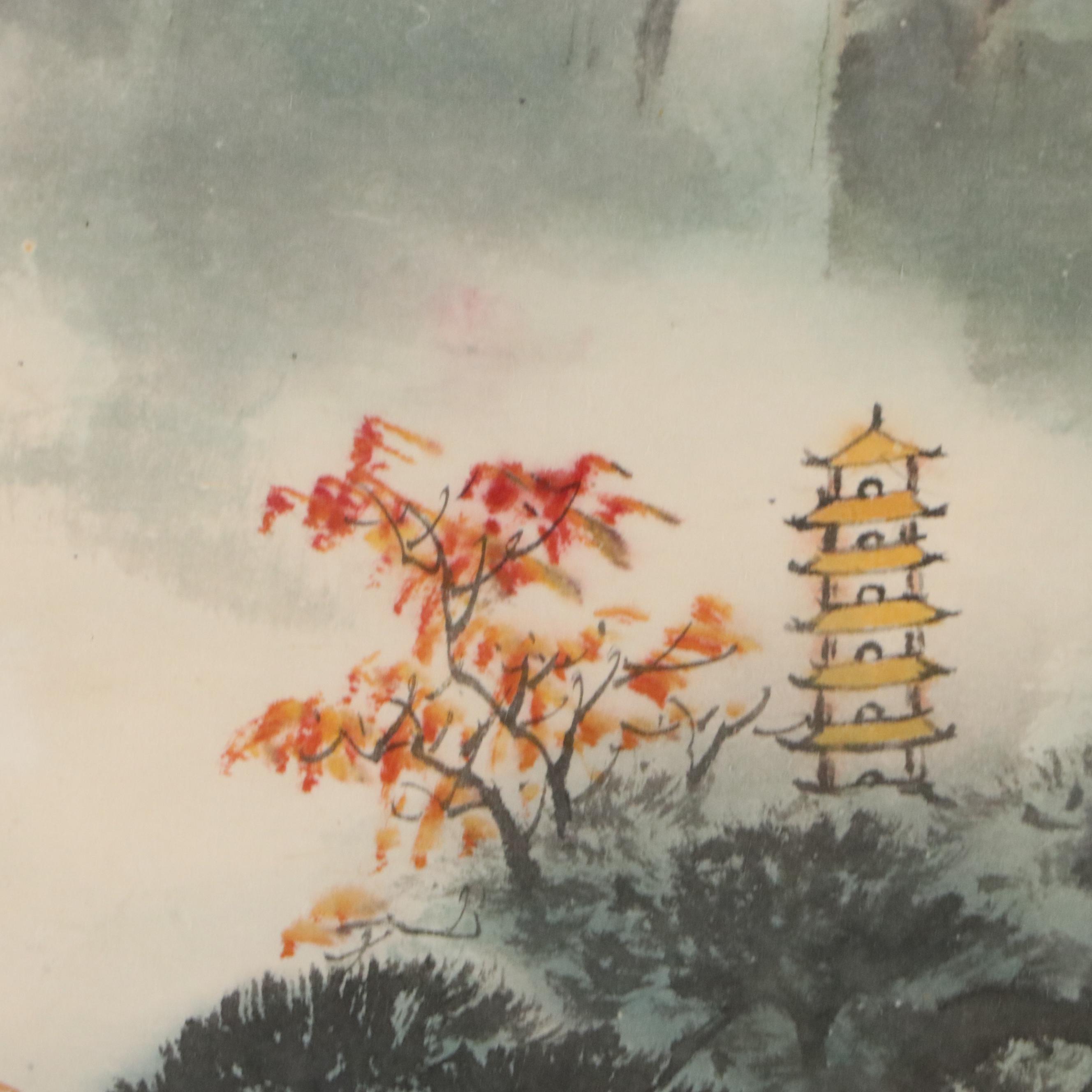 Chinese Framed Hanging Scroll Landscape, 1983