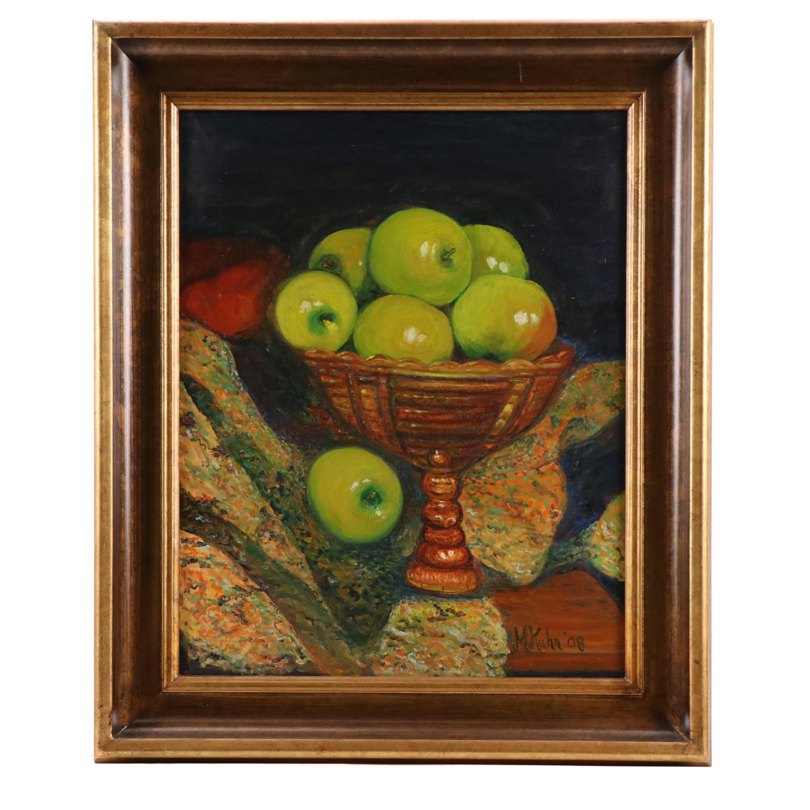 M. Kuhn Still Life Oil Painting of Green Apples, 2008