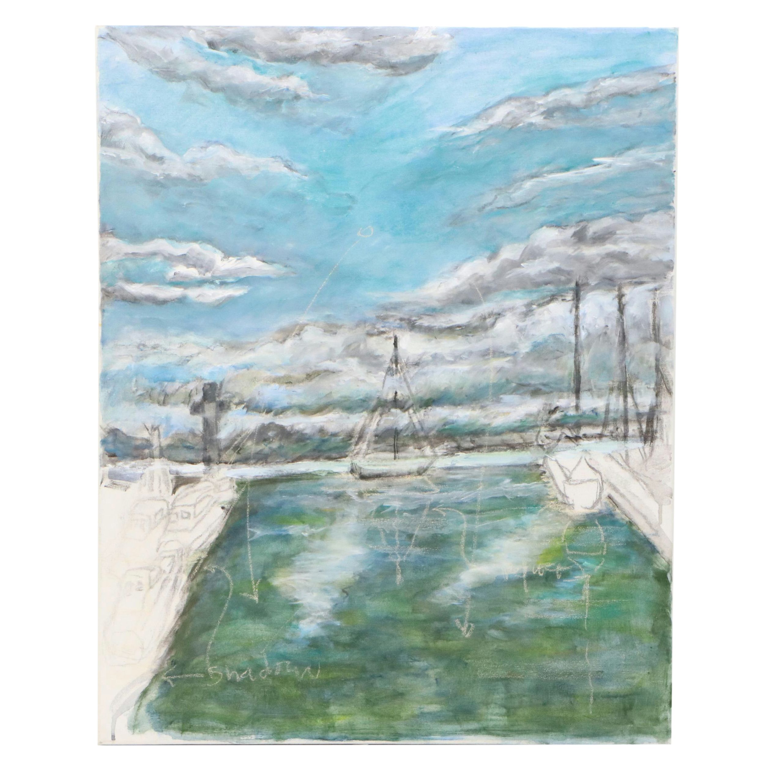 Unfinished Oil Painting of Harbor Scene, Late 20th to Early 21st Century