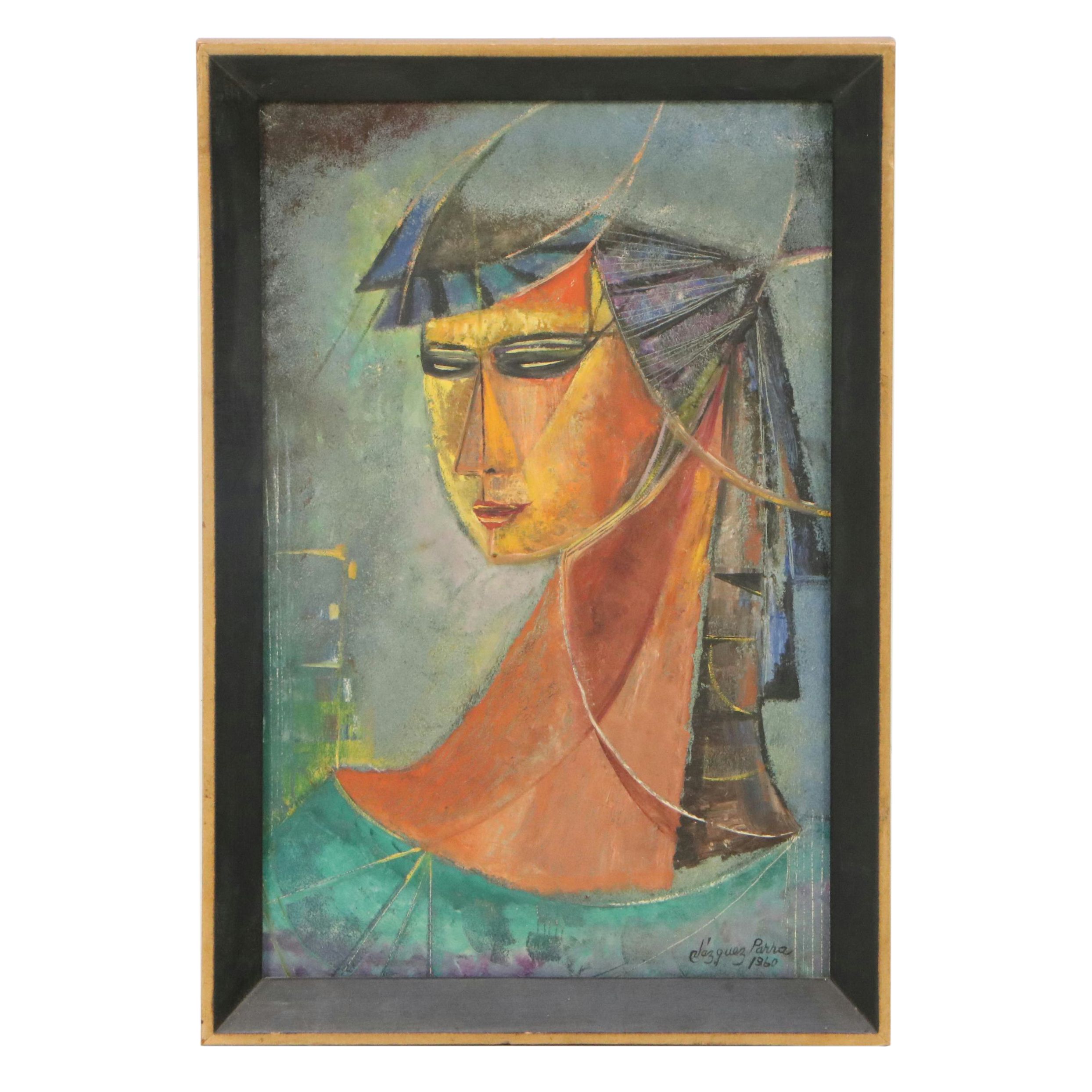 Antonio Vázquez Parra Mixed Media Painting of Woman's Head, 1960