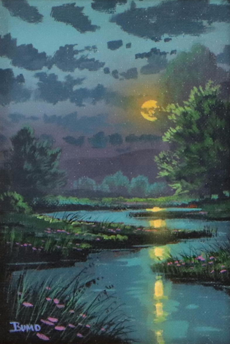 Doug "Bumo" Johnpeer Nocturne Landscape Oil Painting, Circa 2025