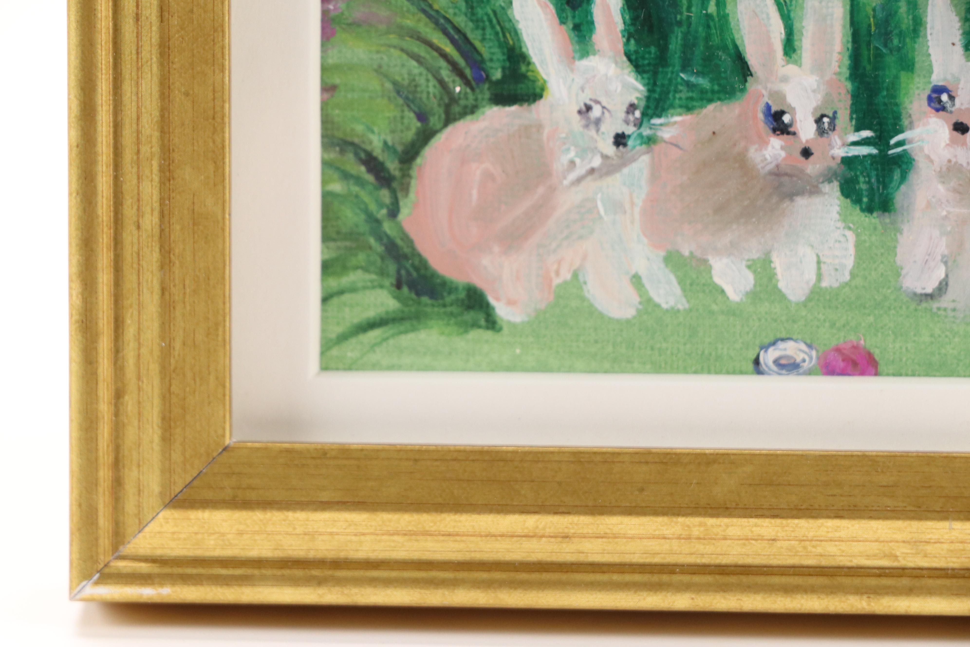 Miniature Stylized Oil Painting of Three Rabbits, 21st Century