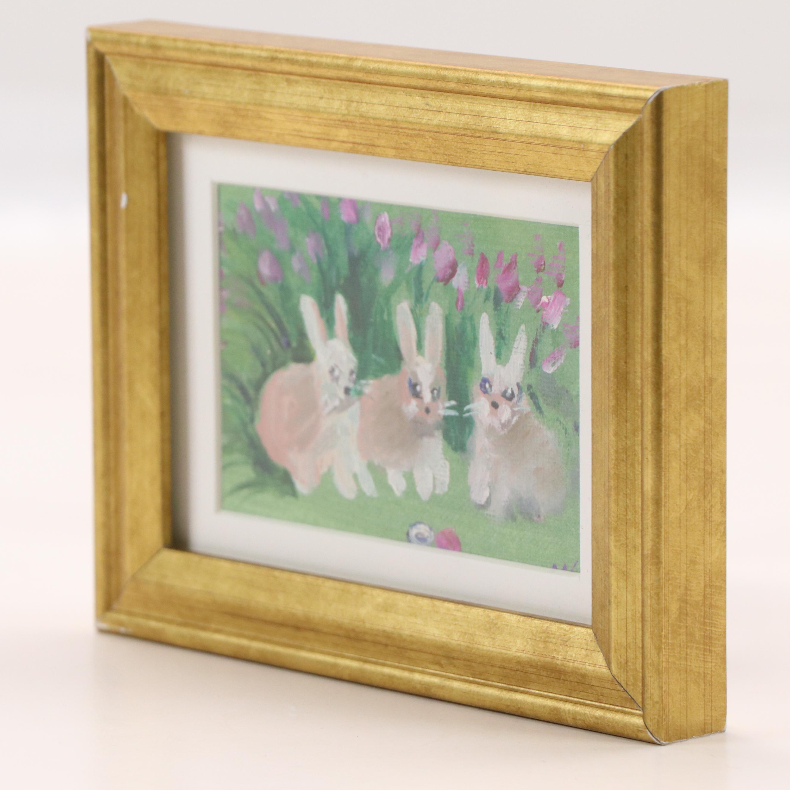 Miniature Stylized Oil Painting of Three Rabbits, 21st Century