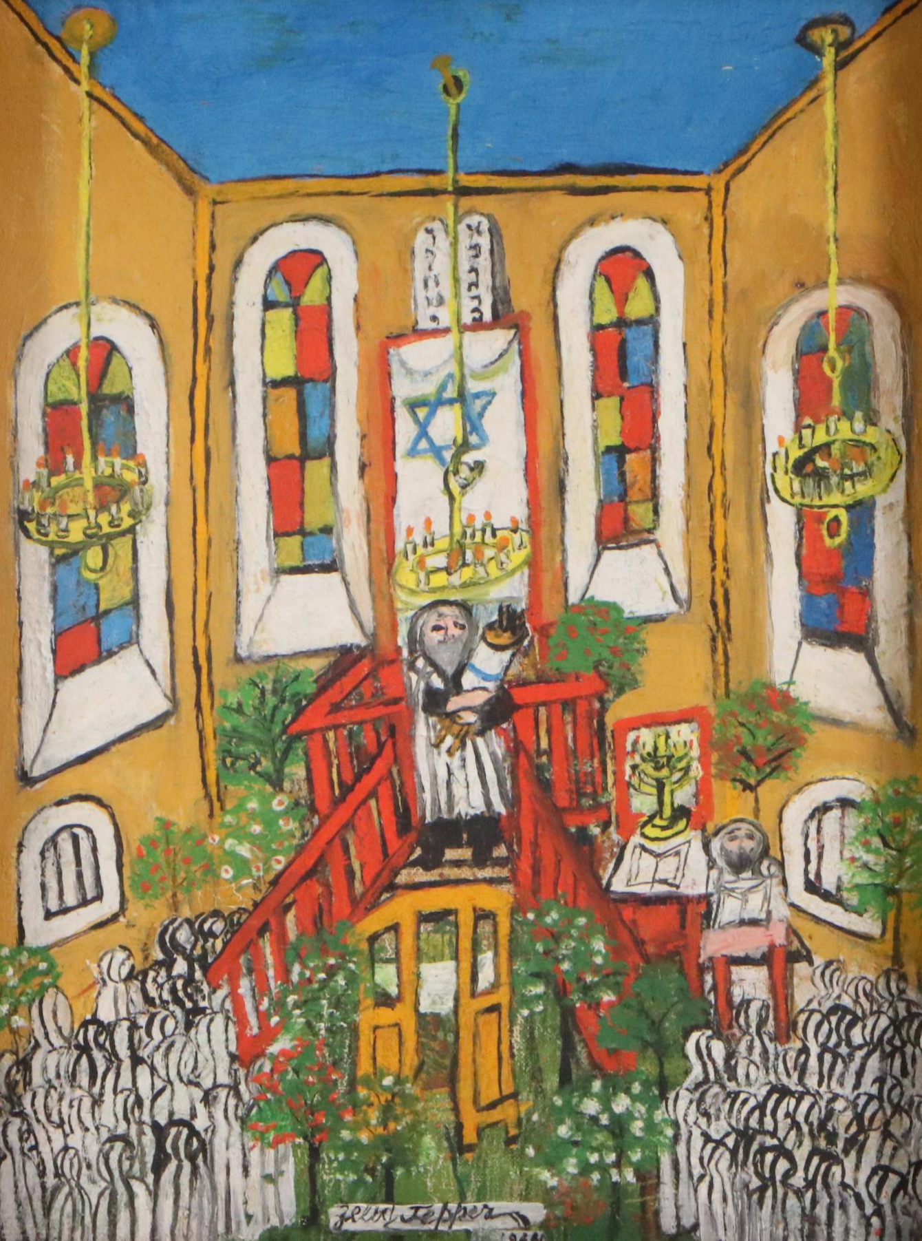 Folk Art Style Judaic Acrylic Painting, 1964