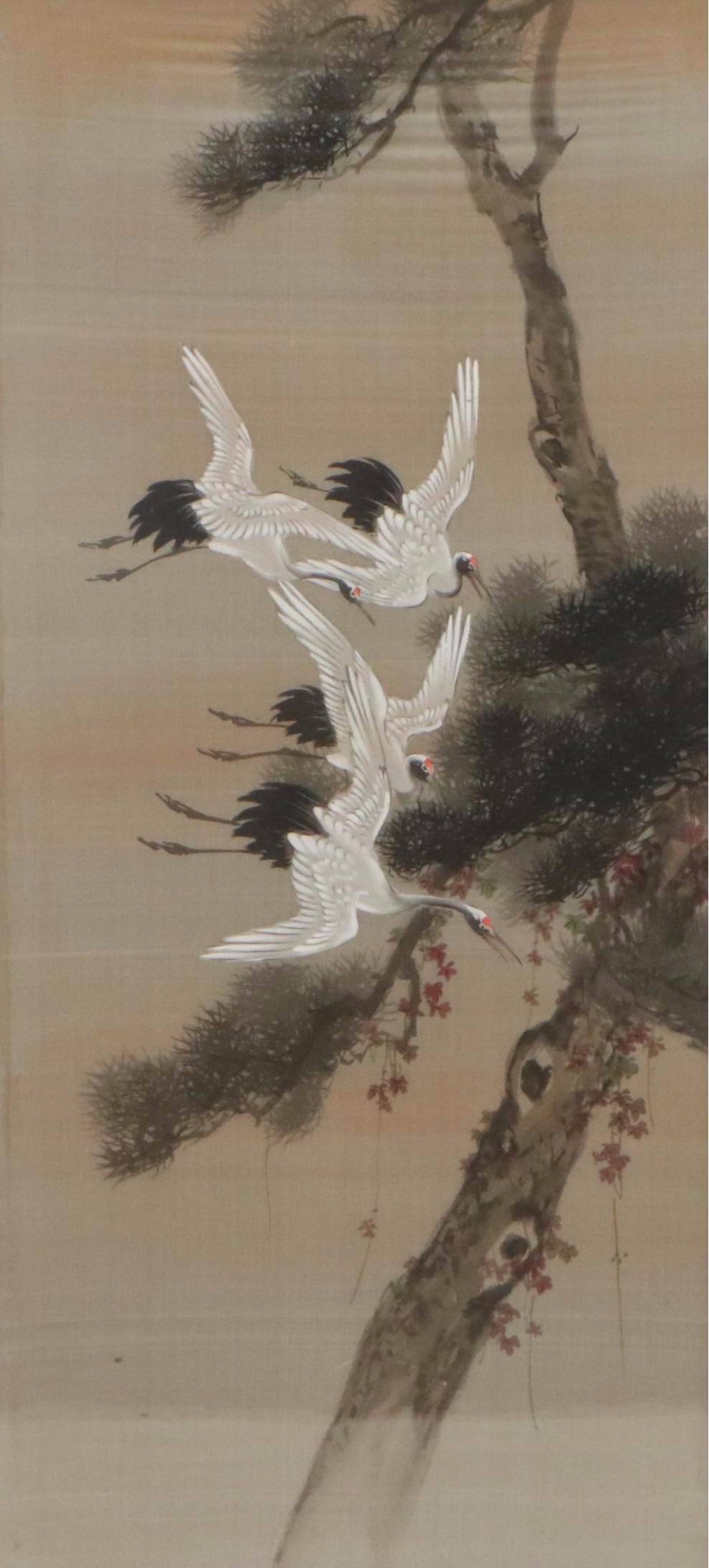 East Asian School Gouache Painting of Cranes and Pine Tree